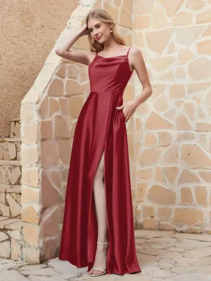 A Line Cowl Neck Satin Dress With Slit Burgundy