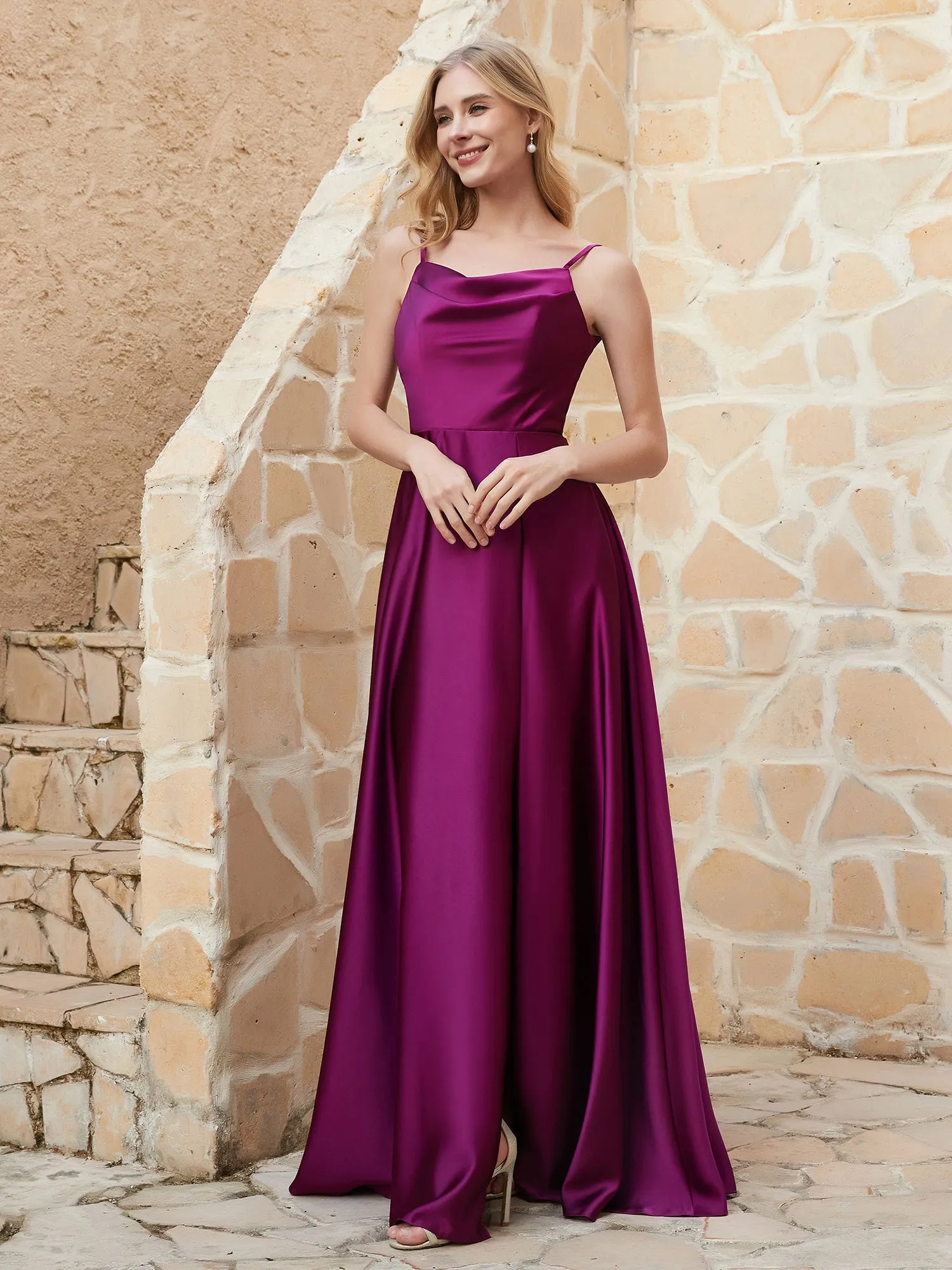 A Line Cowl Neck Satin Dress With Slit Clearance