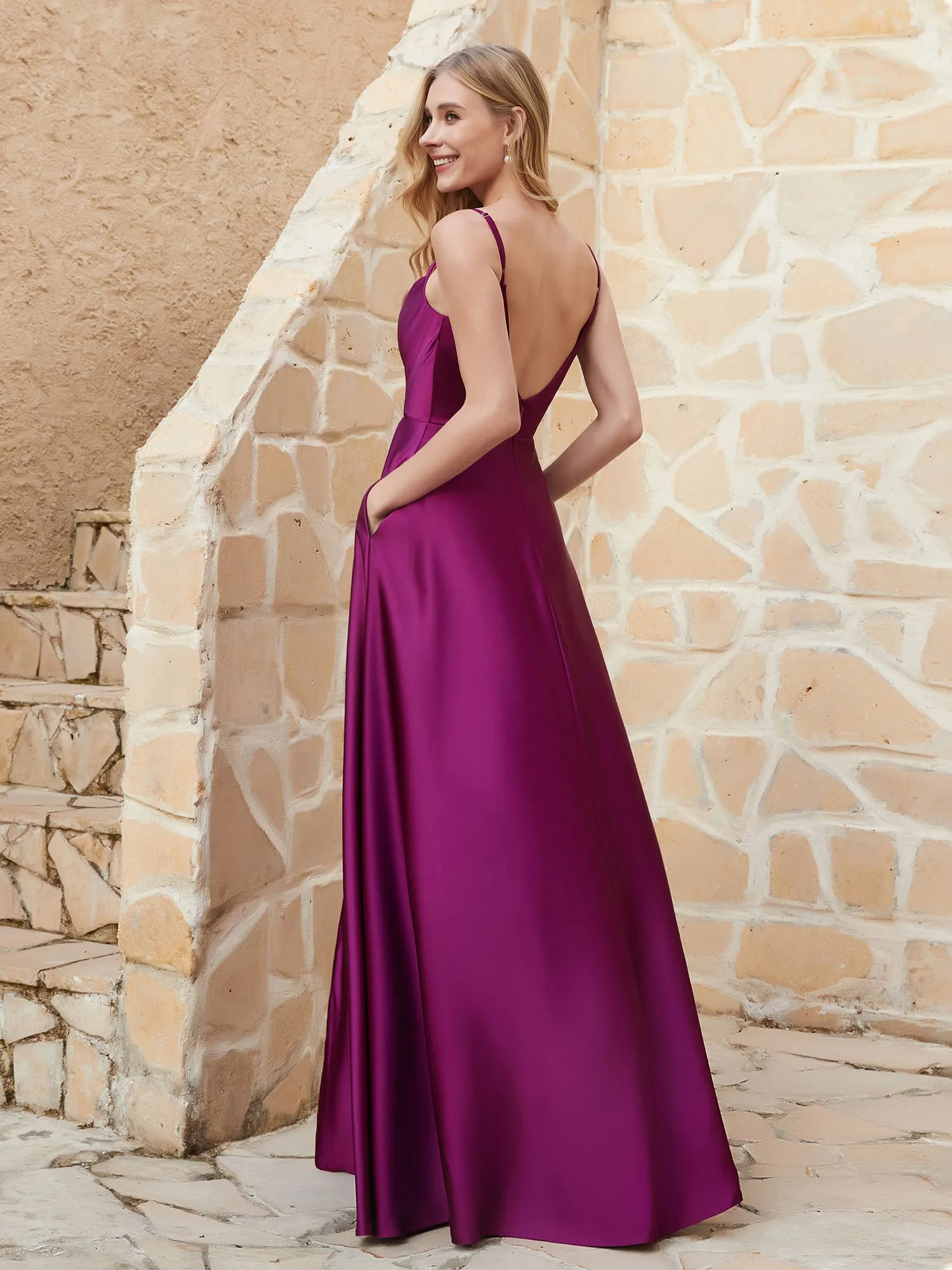 A Line Cowl Neck Satin Dress With Slit Clearance
