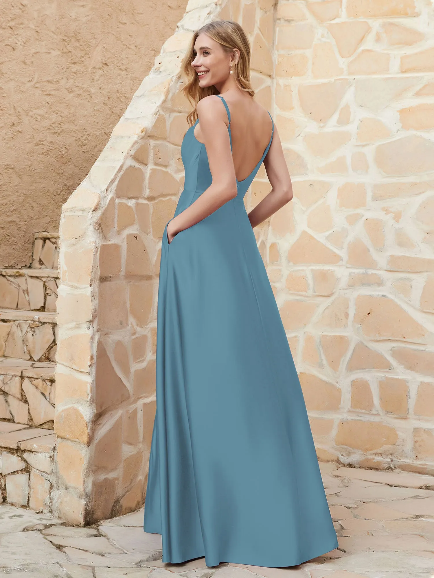 A Line Cowl Neck Satin Dress With Slit Slate Blue