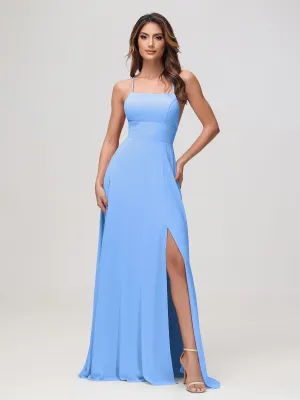 A-Line Square Chiffon Dress With Slit Blue