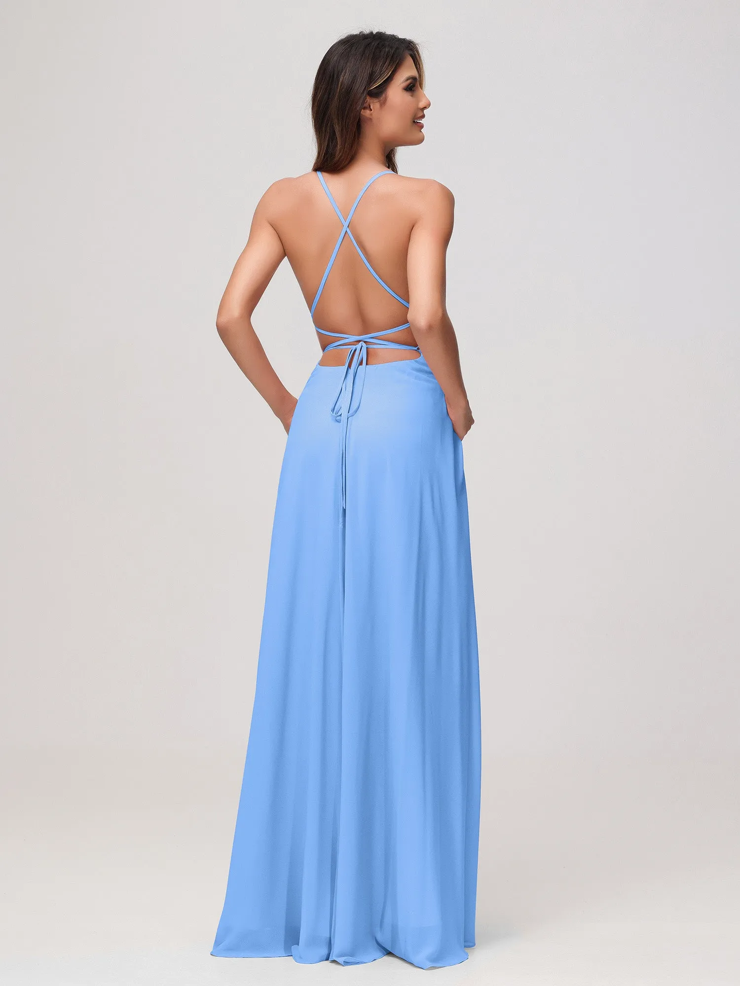 A-Line Square Chiffon Dress With Slit Blue