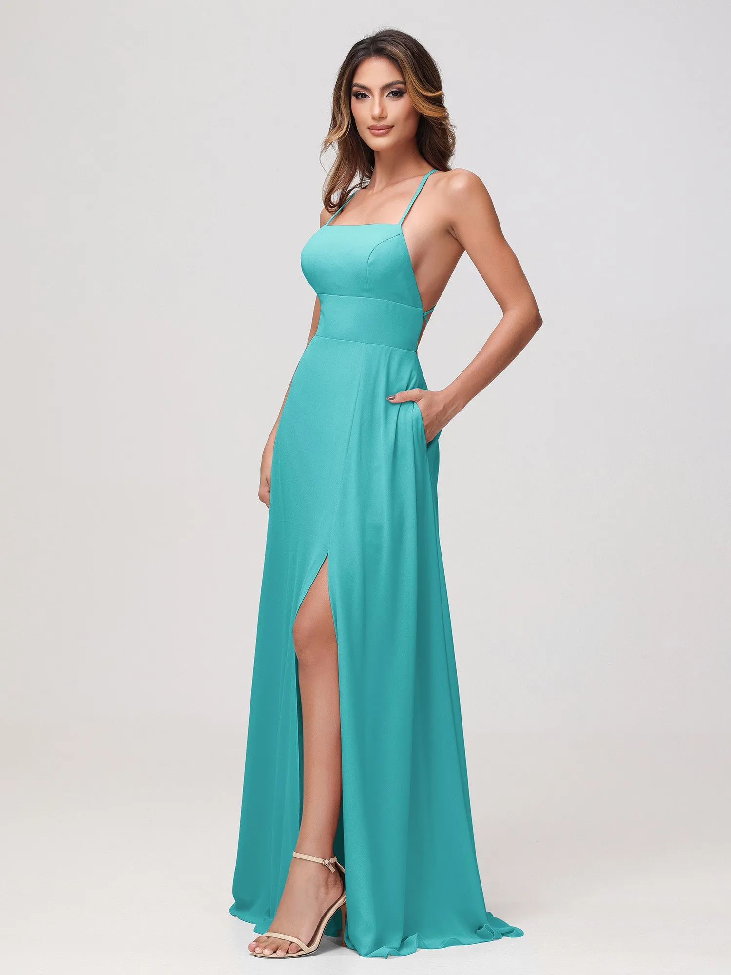 A-Line Square Chiffon Dress With Slit Jade