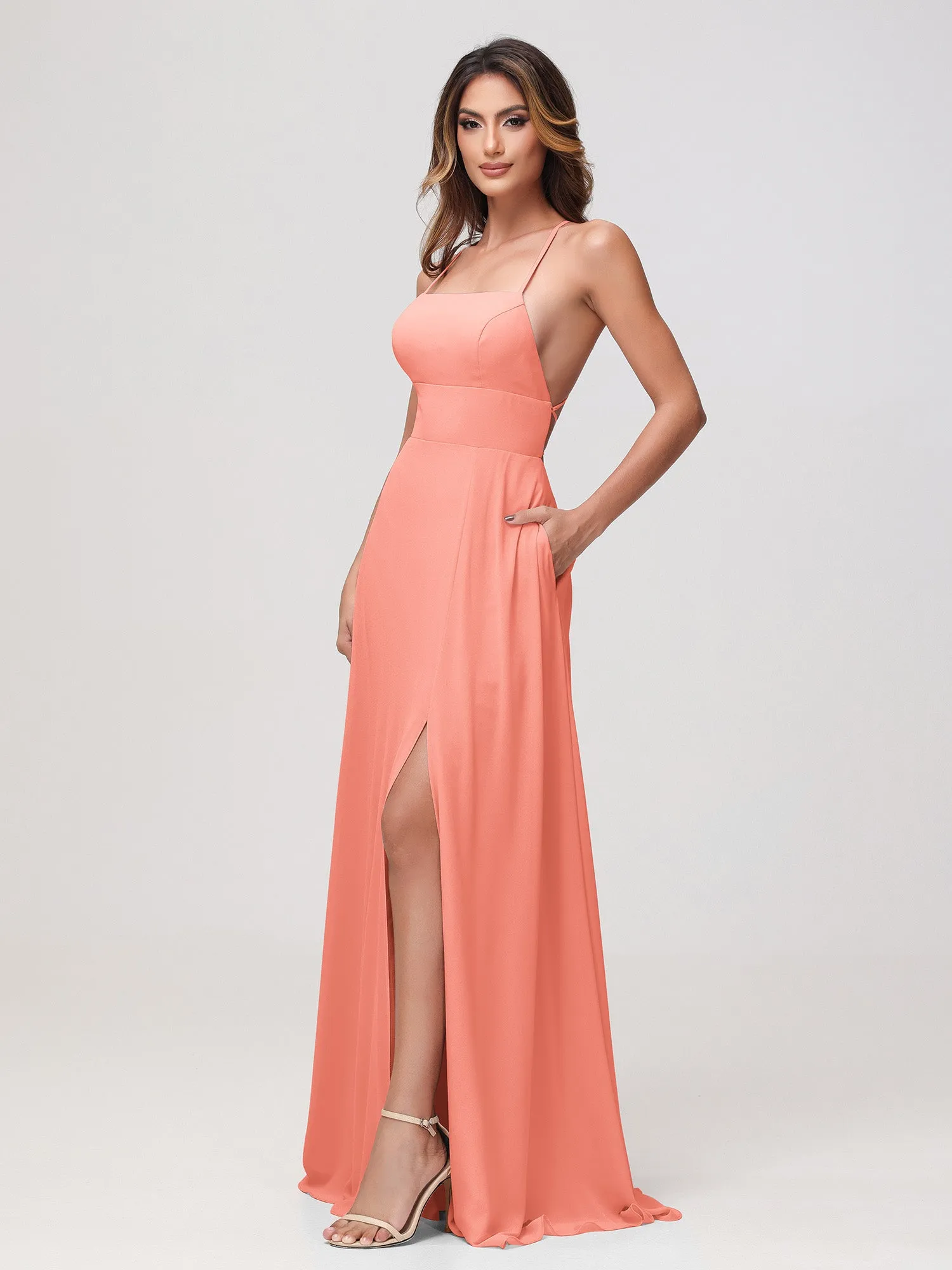 A-Line Square Chiffon Dress With Slit Sunset