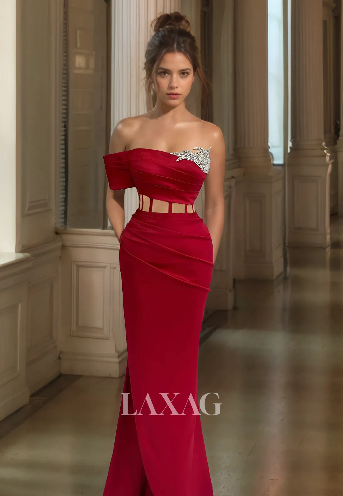 Asymmetrical Beaded Tube Top Sleeveless Pleated Mermaid Formal Prom Dress with High Slit