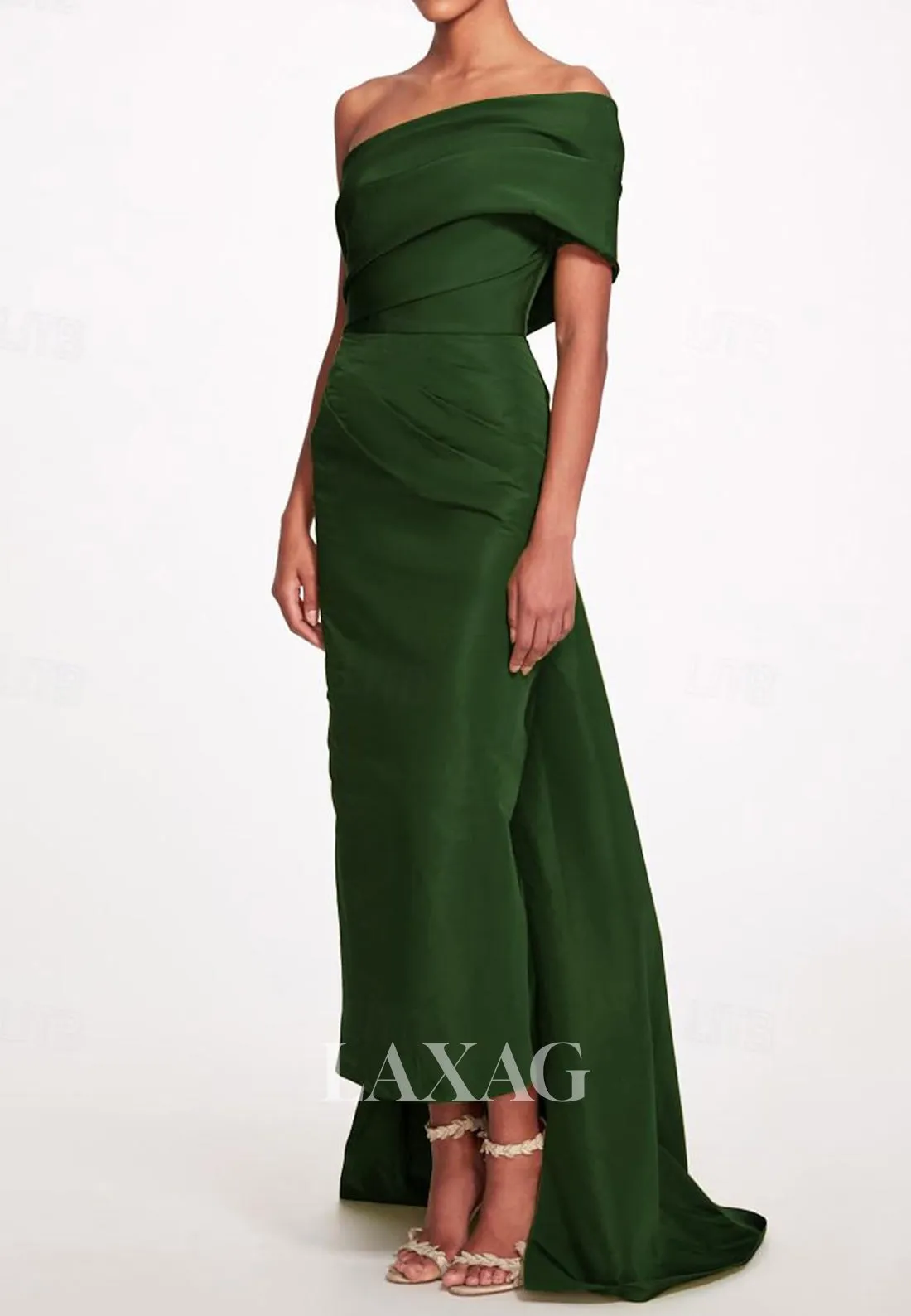Asymmetrical-Tube Top Sleeveless Mermaid Wedding Guest Dress Off-Shoulder Pleated Sweep Train Satin Party Gowns