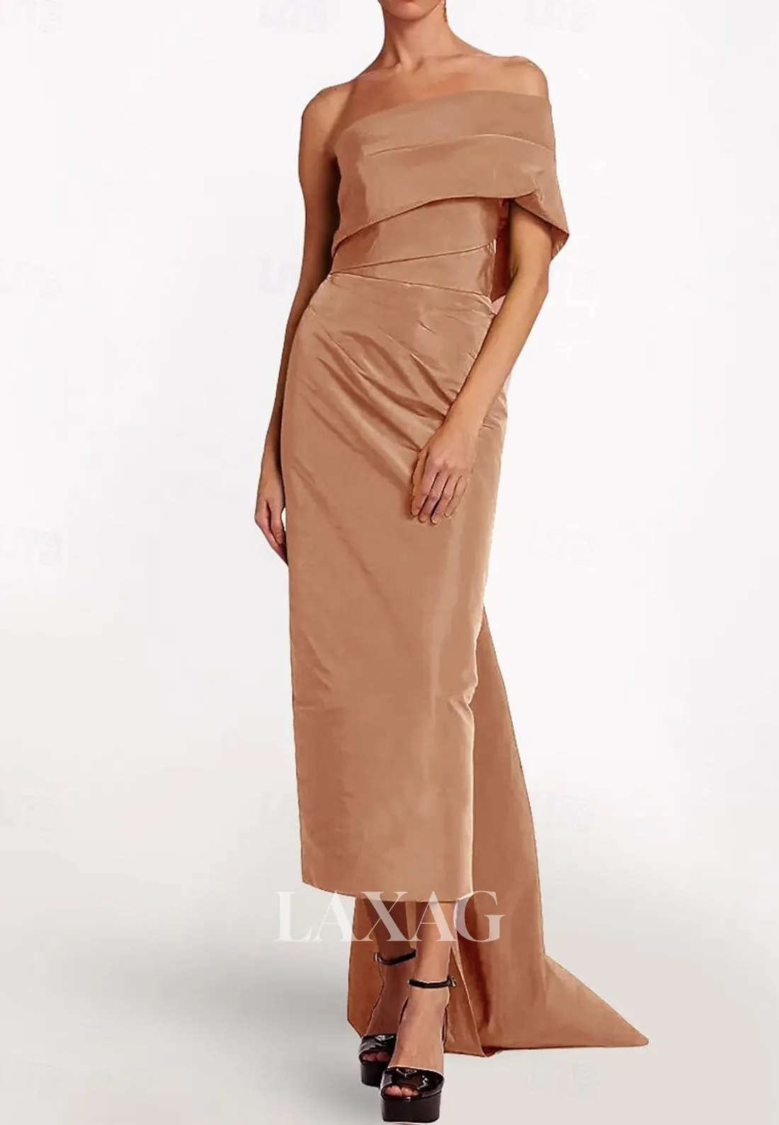Asymmetrical-Tube Top Sleeveless Mermaid Wedding Guest Dress Off-Shoulder Pleated Sweep Train Satin Party Gowns