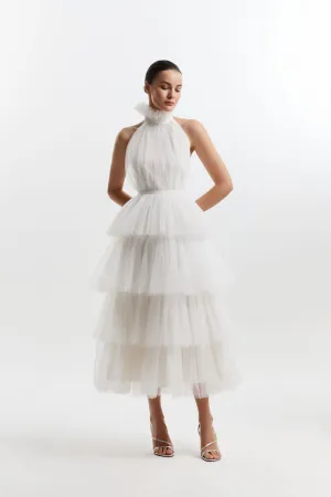 Backless Halter Neck Tie Up Frilled White Wedding Dress