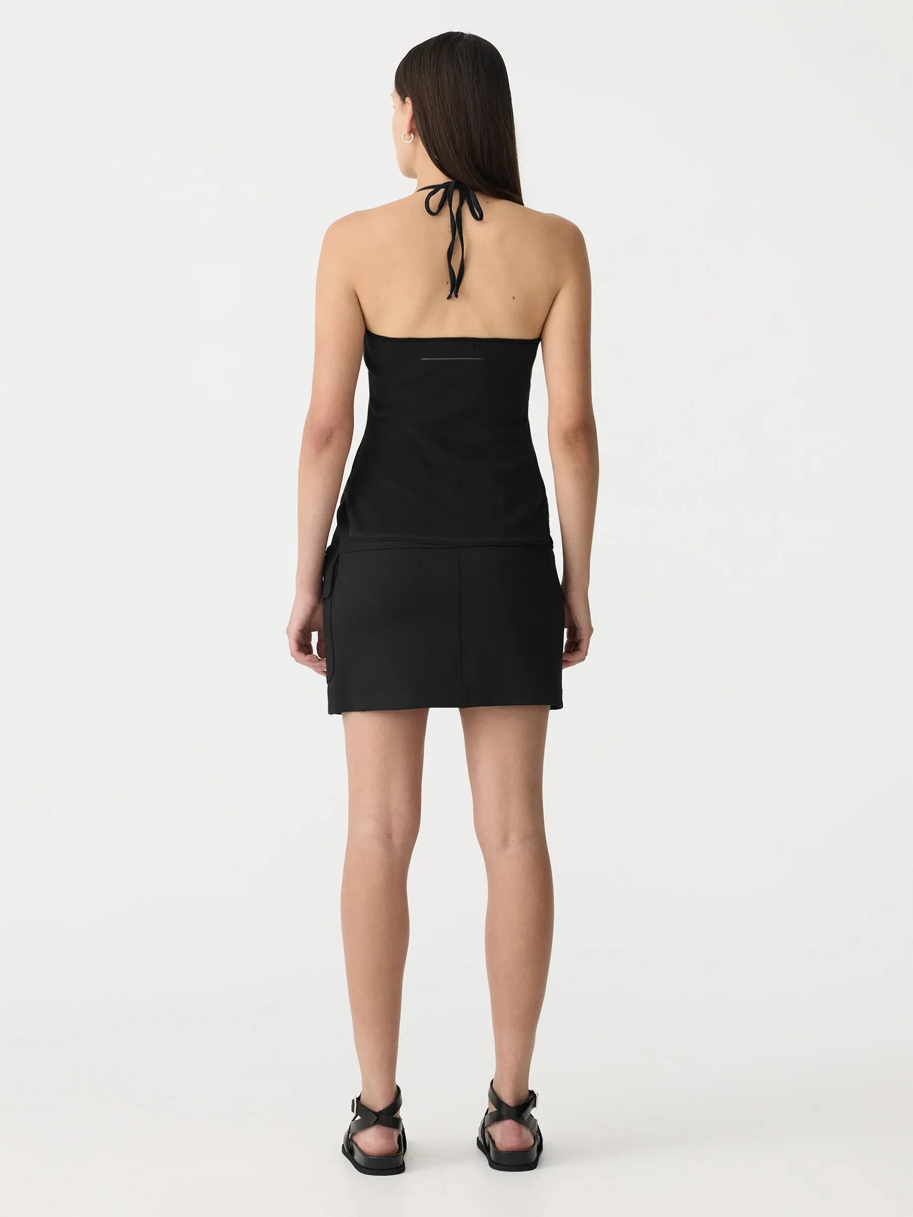 bassike tie back halter neck rib tank - black