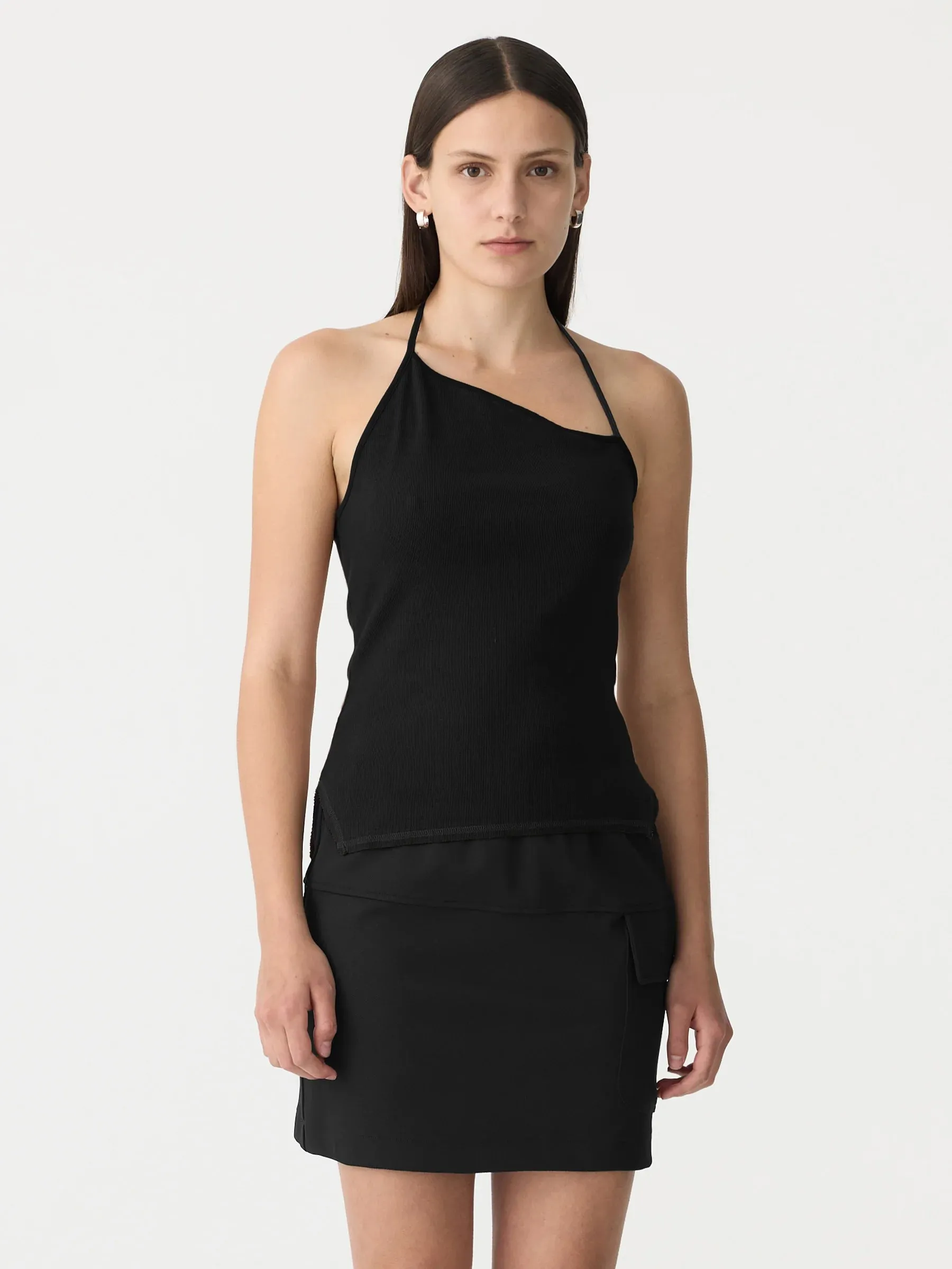 bassike tie back halter neck rib tank - black