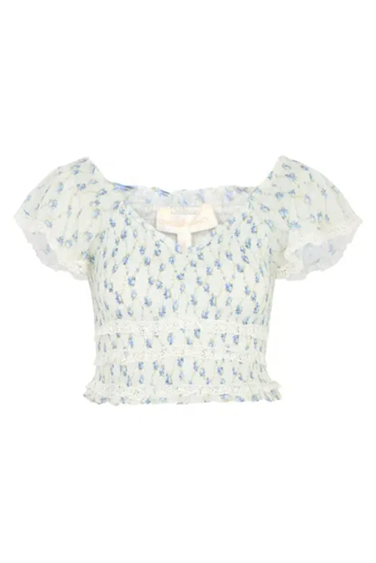 Beaming Smocked Printed Cotton Top - ANGEL FALLS
