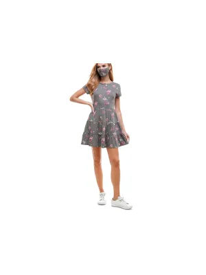 BEBOP Womens Floral Short Sleeve Jewel Neck Short Fit   Flare Dress