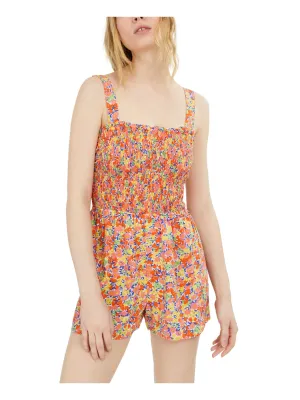 BEBOP Womens Orange Floral Sleeveless Square Neck Straight leg Romper