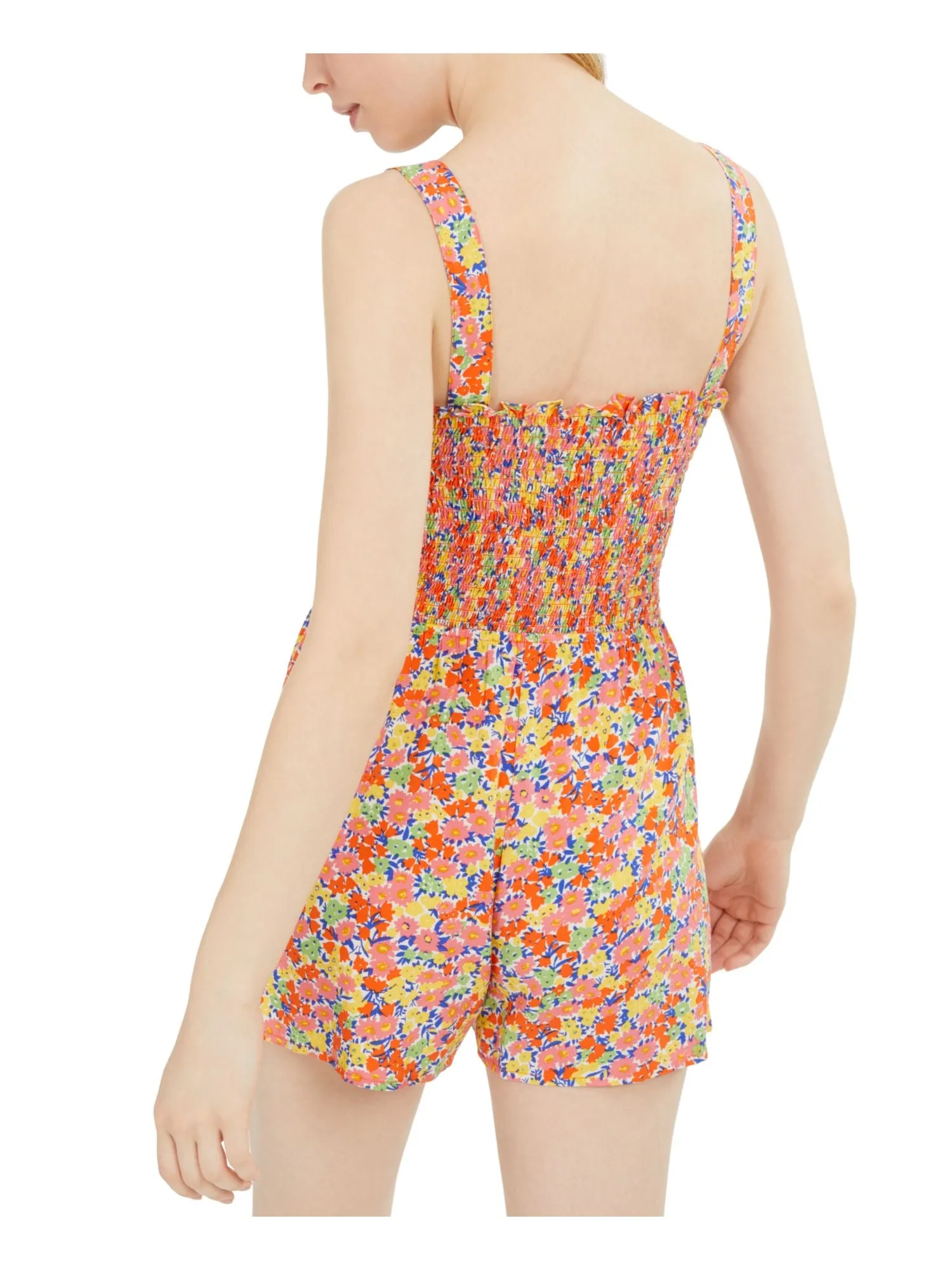 BEBOP Womens Orange Floral Sleeveless Square Neck Straight leg Romper