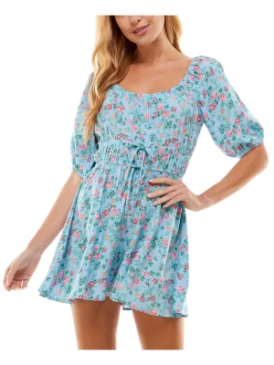 BEBOP Womens Sheer Floral Pouf Sleeve Scoop Neck Wide Leg Romper