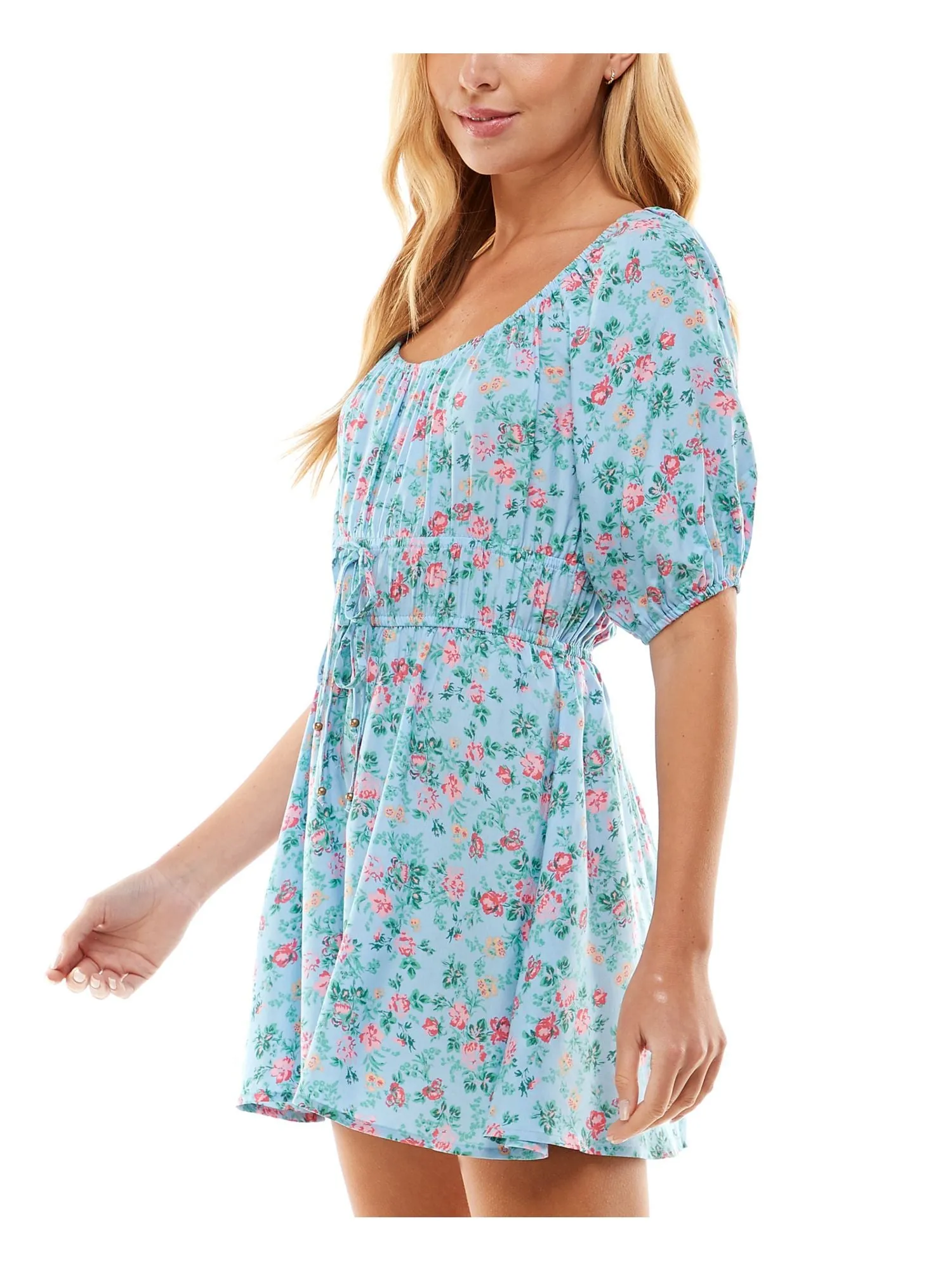 BEBOP Womens Sheer Floral Pouf Sleeve Scoop Neck Wide Leg Romper