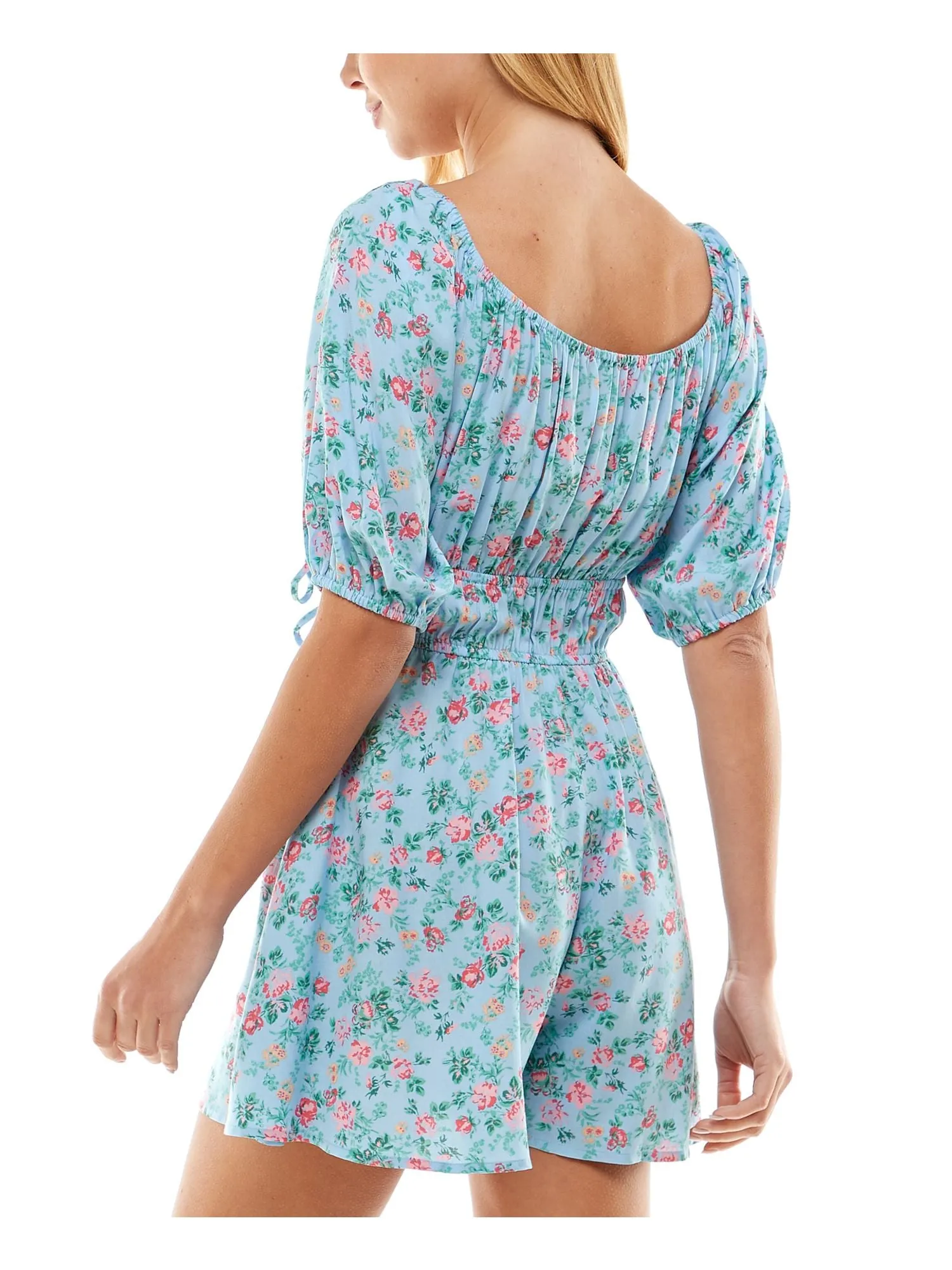 BEBOP Womens Sheer Floral Pouf Sleeve Scoop Neck Wide Leg Romper