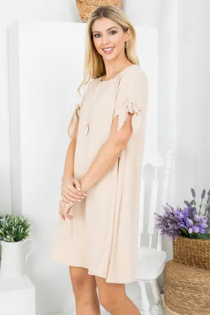 BEIGE BOAT NECKLINE BOW-TIE SLEEVES TENT DRESS