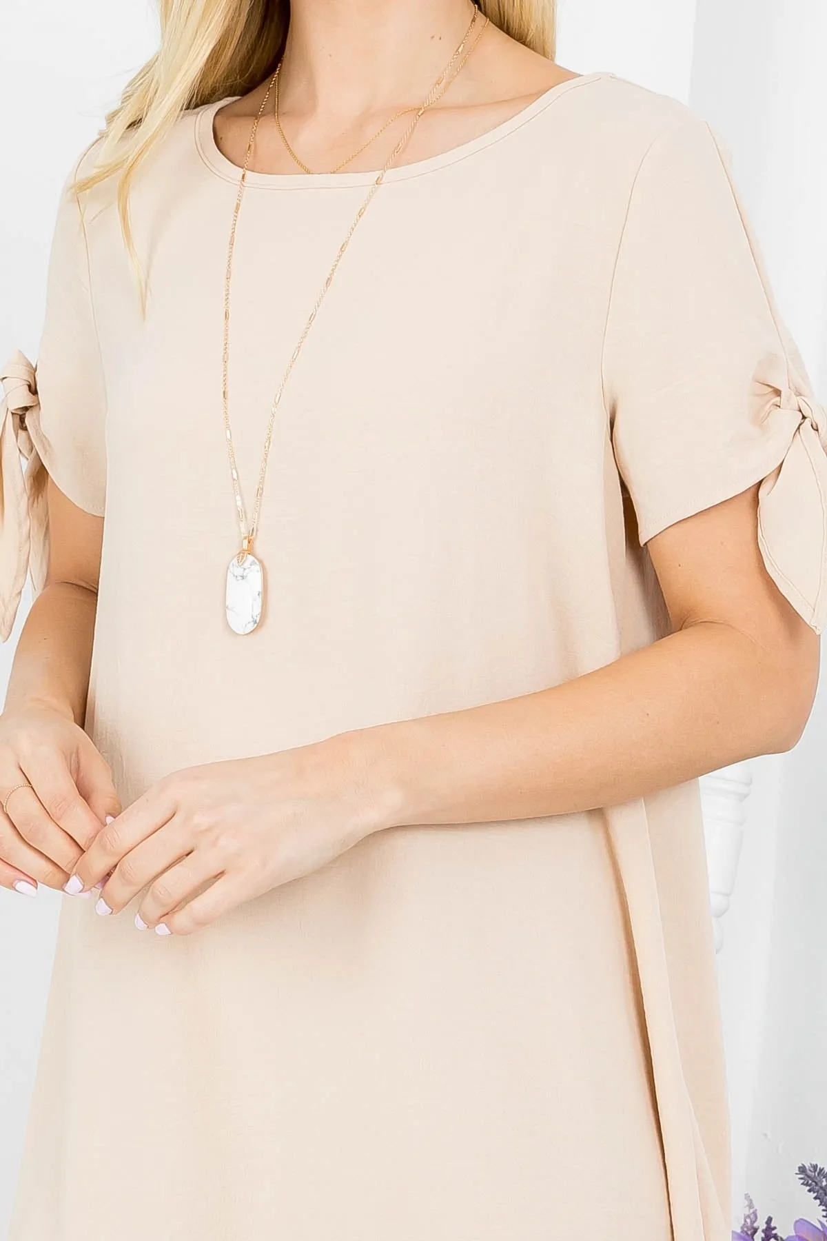 BEIGE BOAT NECKLINE BOW-TIE SLEEVES TENT DRESS