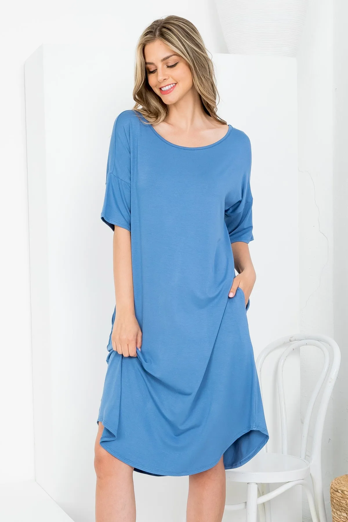 BLUE SCOOPED NECKLINE WITH SIDE POCKET SHIRT DRESS 2-2-2