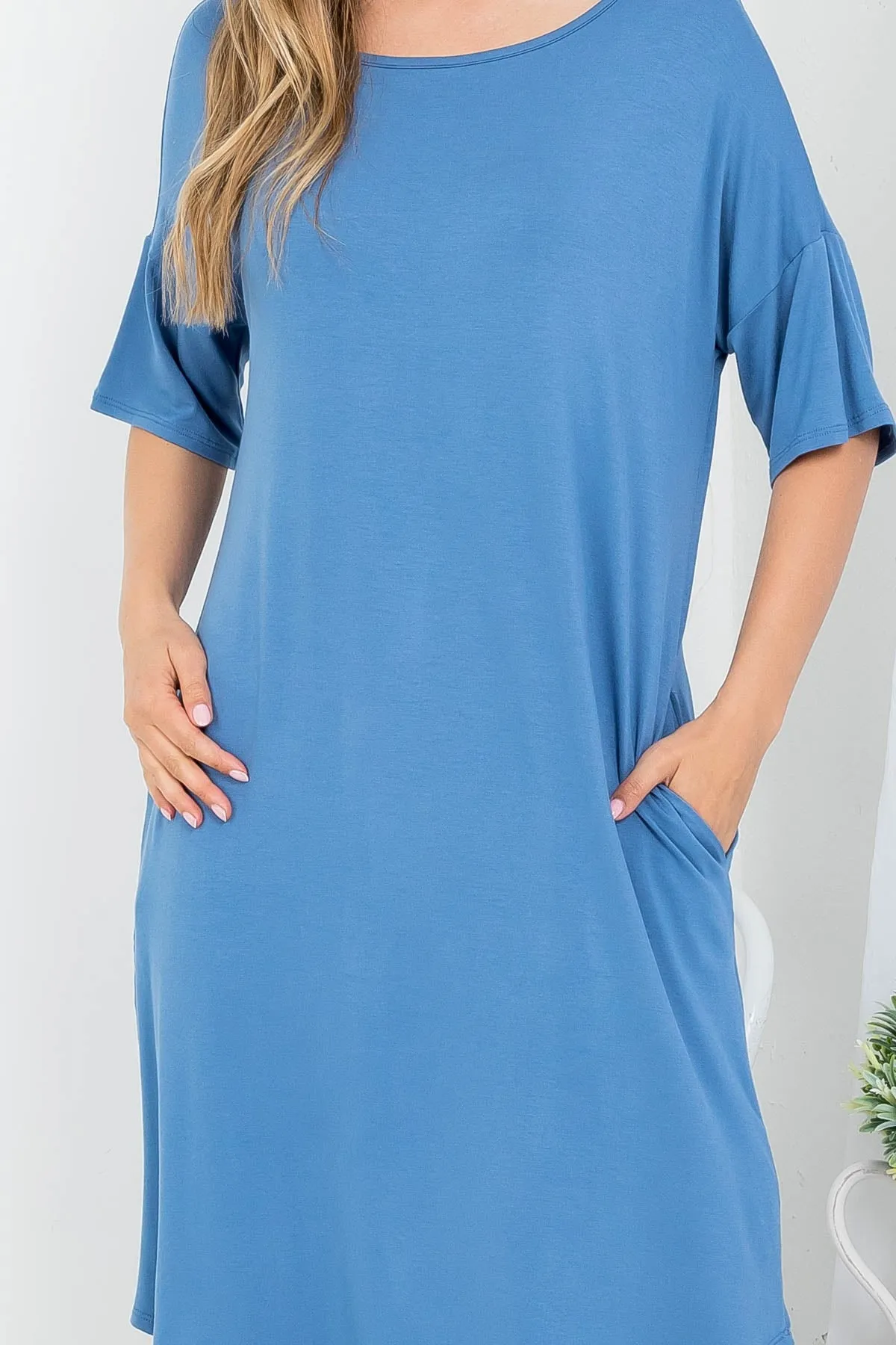 BLUE SCOOPED NECKLINE WITH SIDE POCKET SHIRT DRESS 2-2-2