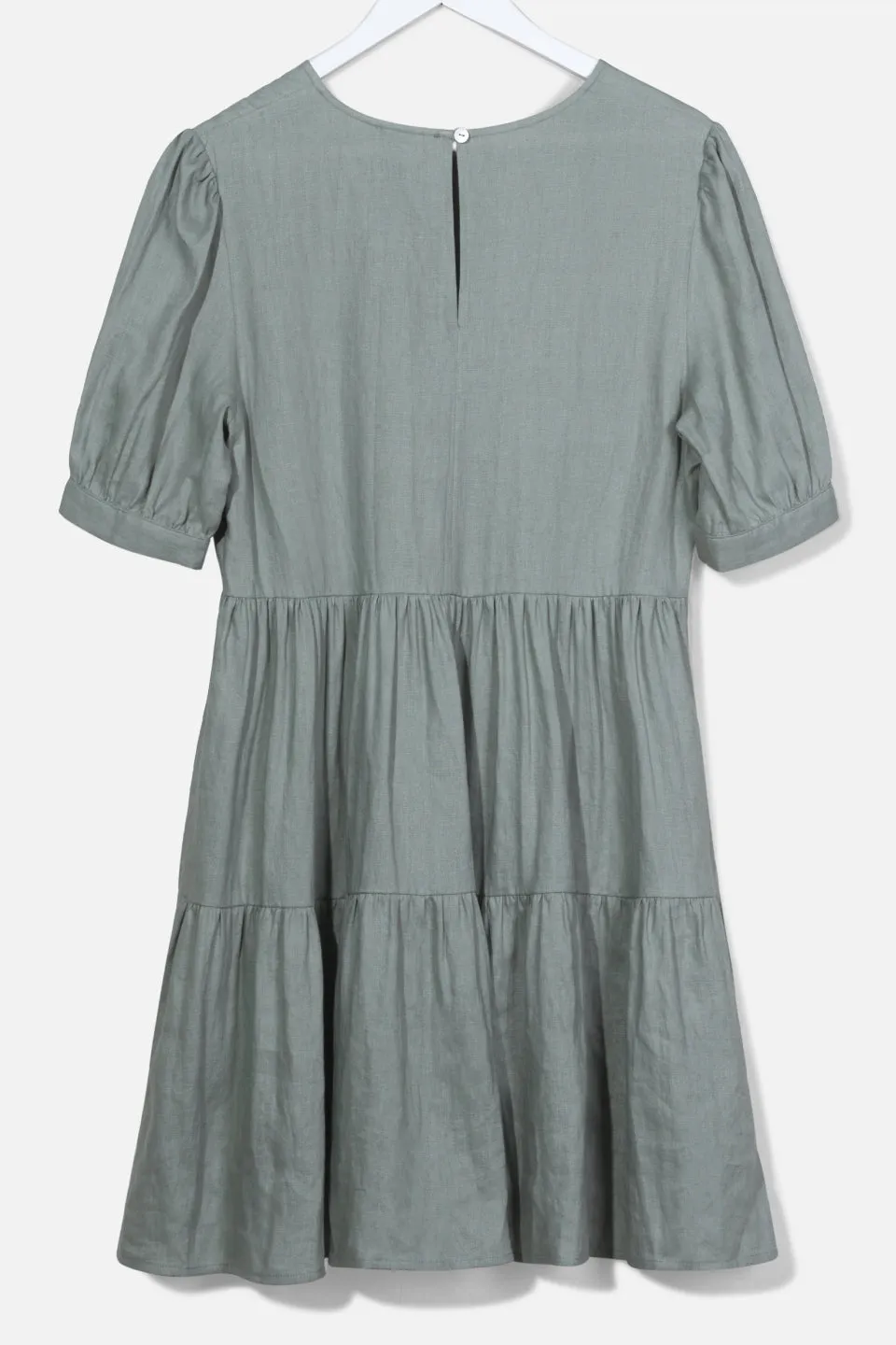 Breathtaking Puff Sleeve Moss Tiered Linen Smock Dress