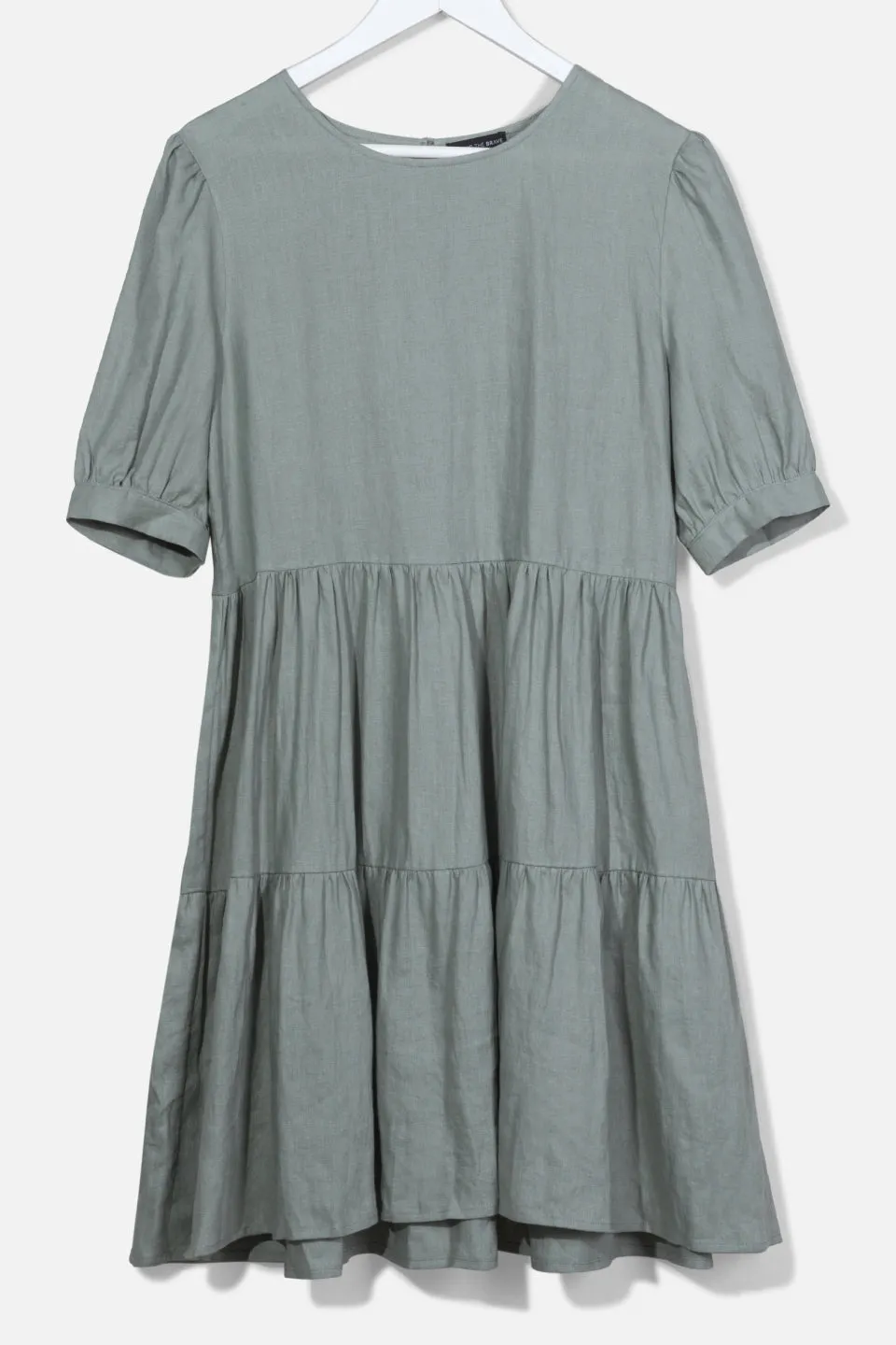 Breathtaking Puff Sleeve Moss Tiered Linen Smock Dress