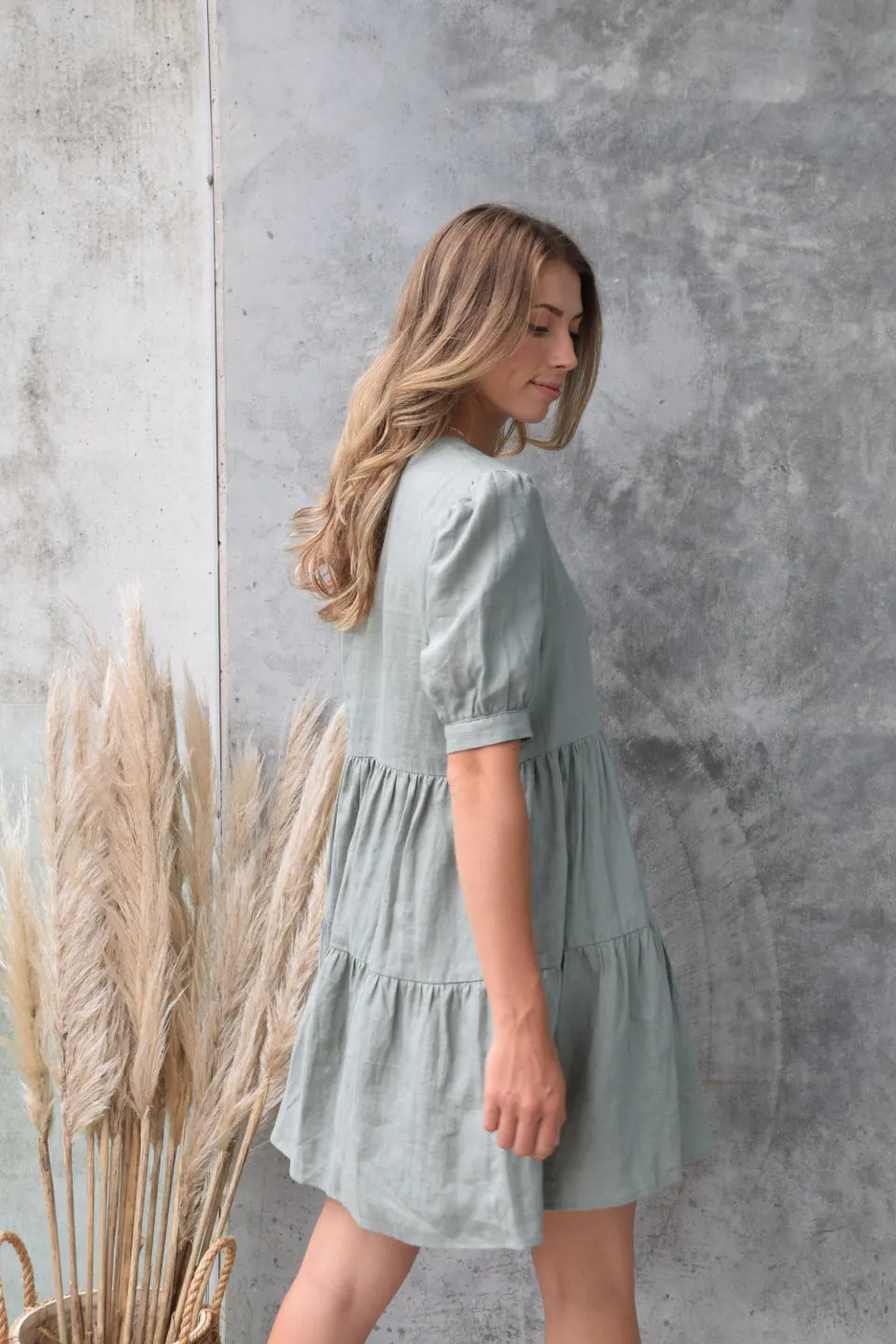 Breathtaking Puff Sleeve Moss Tiered Linen Smock Dress
