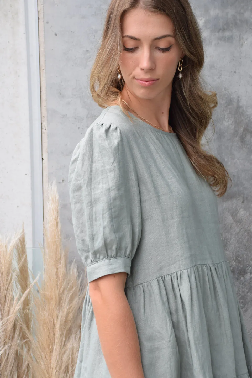 Breathtaking Puff Sleeve Moss Tiered Linen Smock Dress
