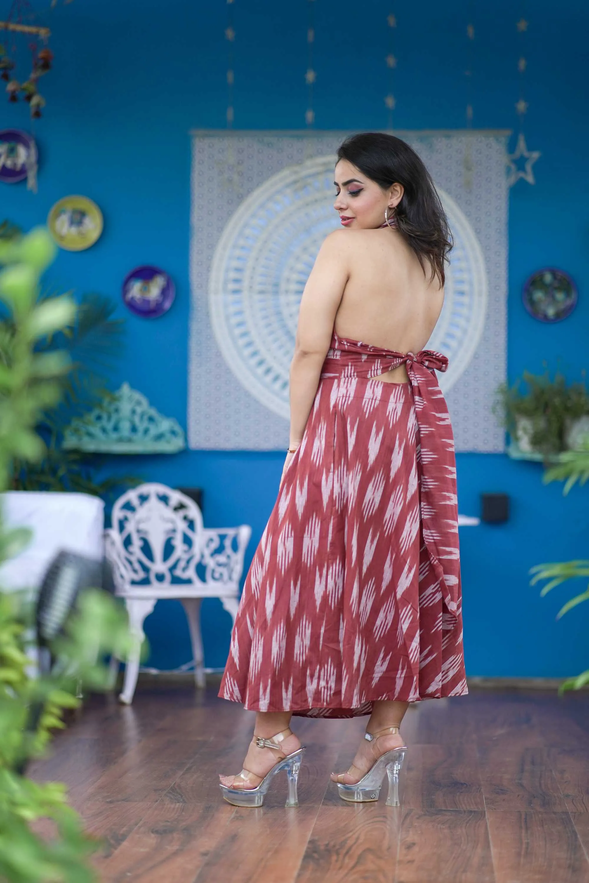 BROWN A LINE HALTER NECK DRESS FOR WOMEN