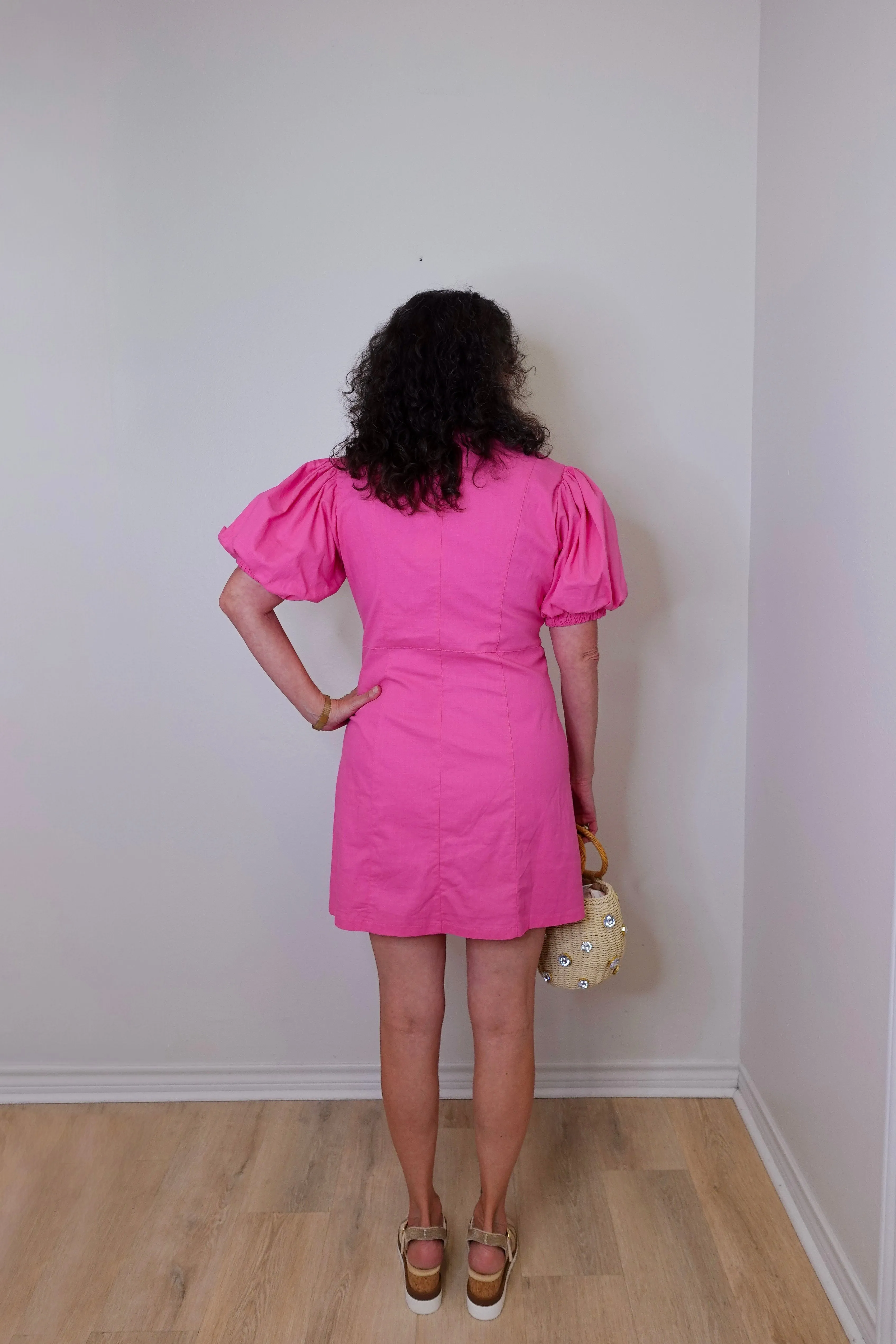 Button Front Puff Slv Mini Dress