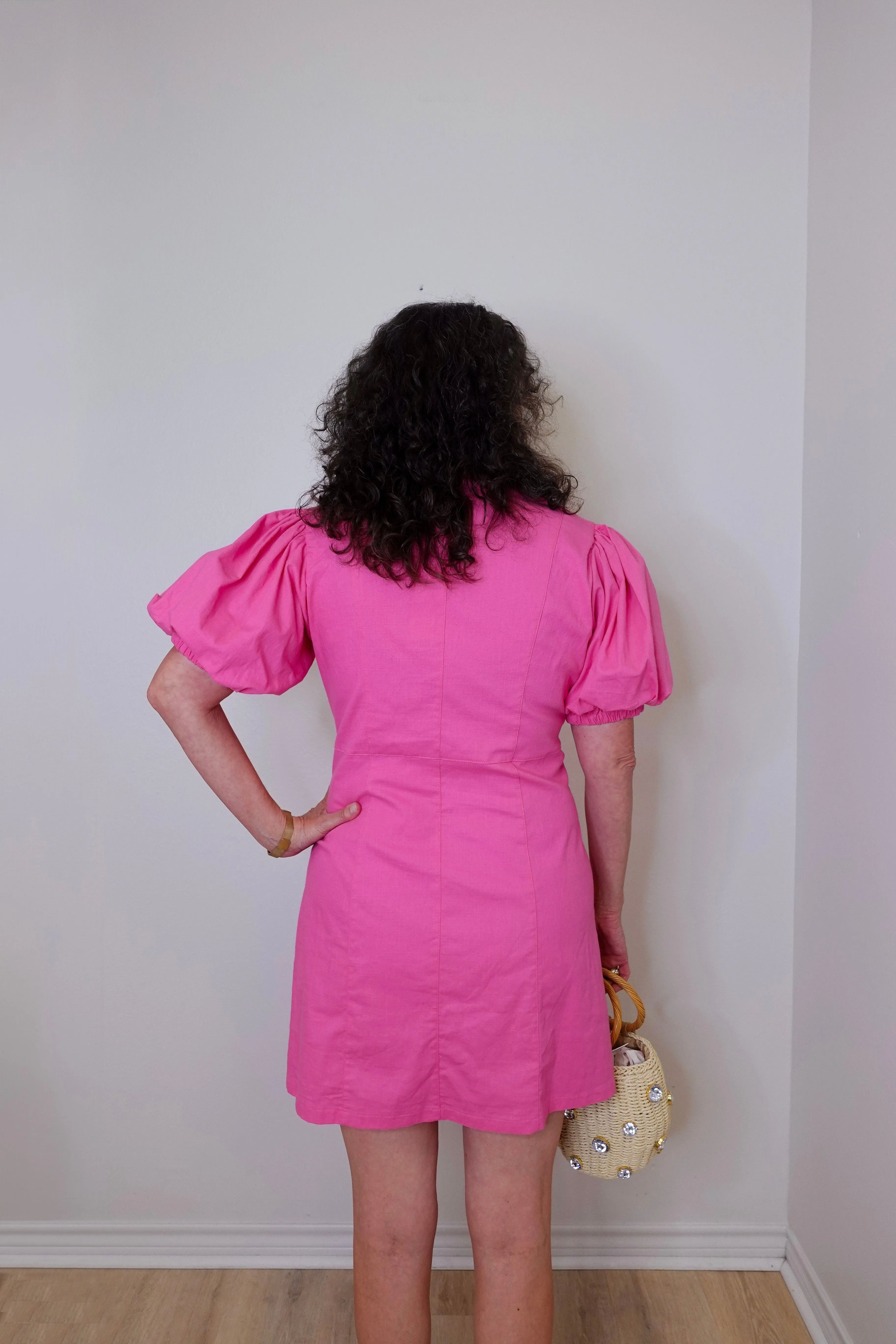 Button Front Puff Slv Mini Dress