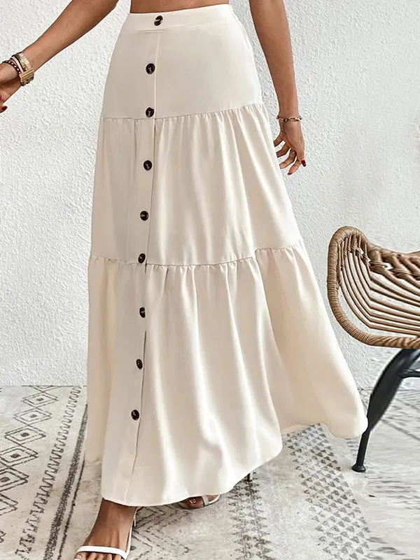 Buttoned Pleated Split-Joint Loose Skirts Bottoms