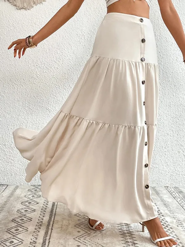 Buttoned Pleated Split-Joint Loose Skirts Bottoms