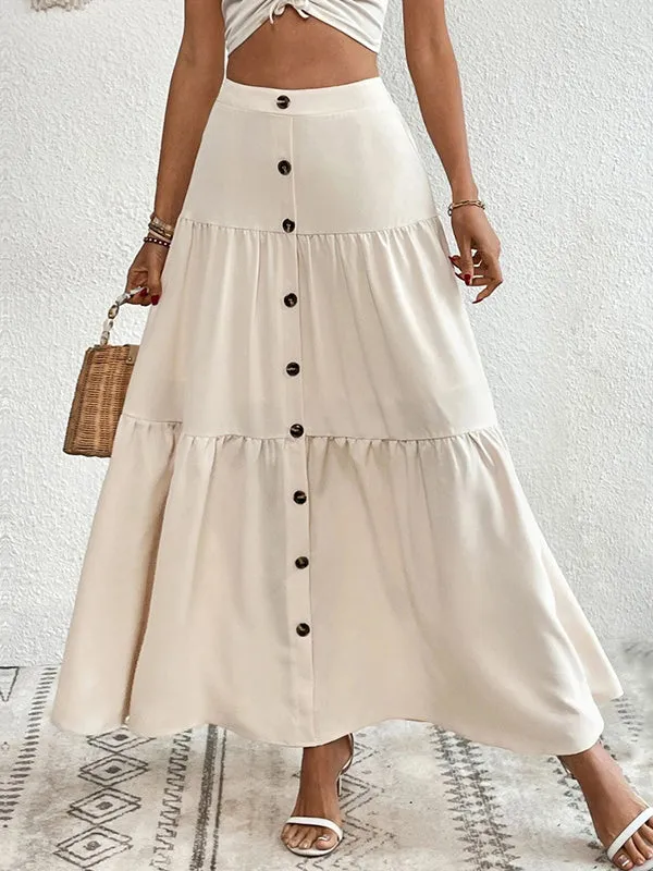Buttoned Pleated Split-Joint Loose Skirts Bottoms