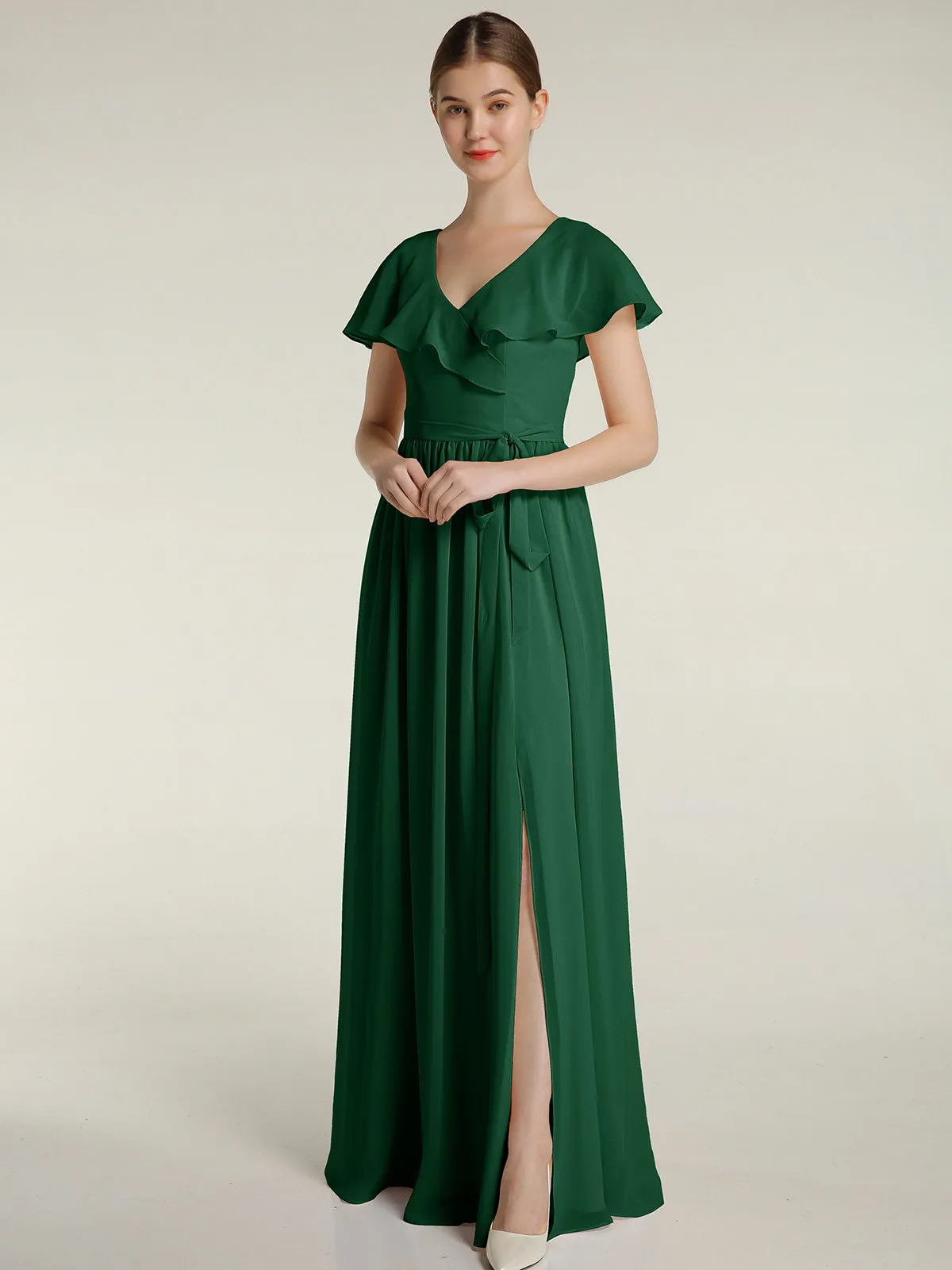 Cap Sleeves Long Chiffon Dresses with Slit Clearance