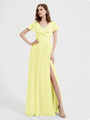 Cap Sleeves Long Chiffon Dresses with Slit-Daffodil Plus Size