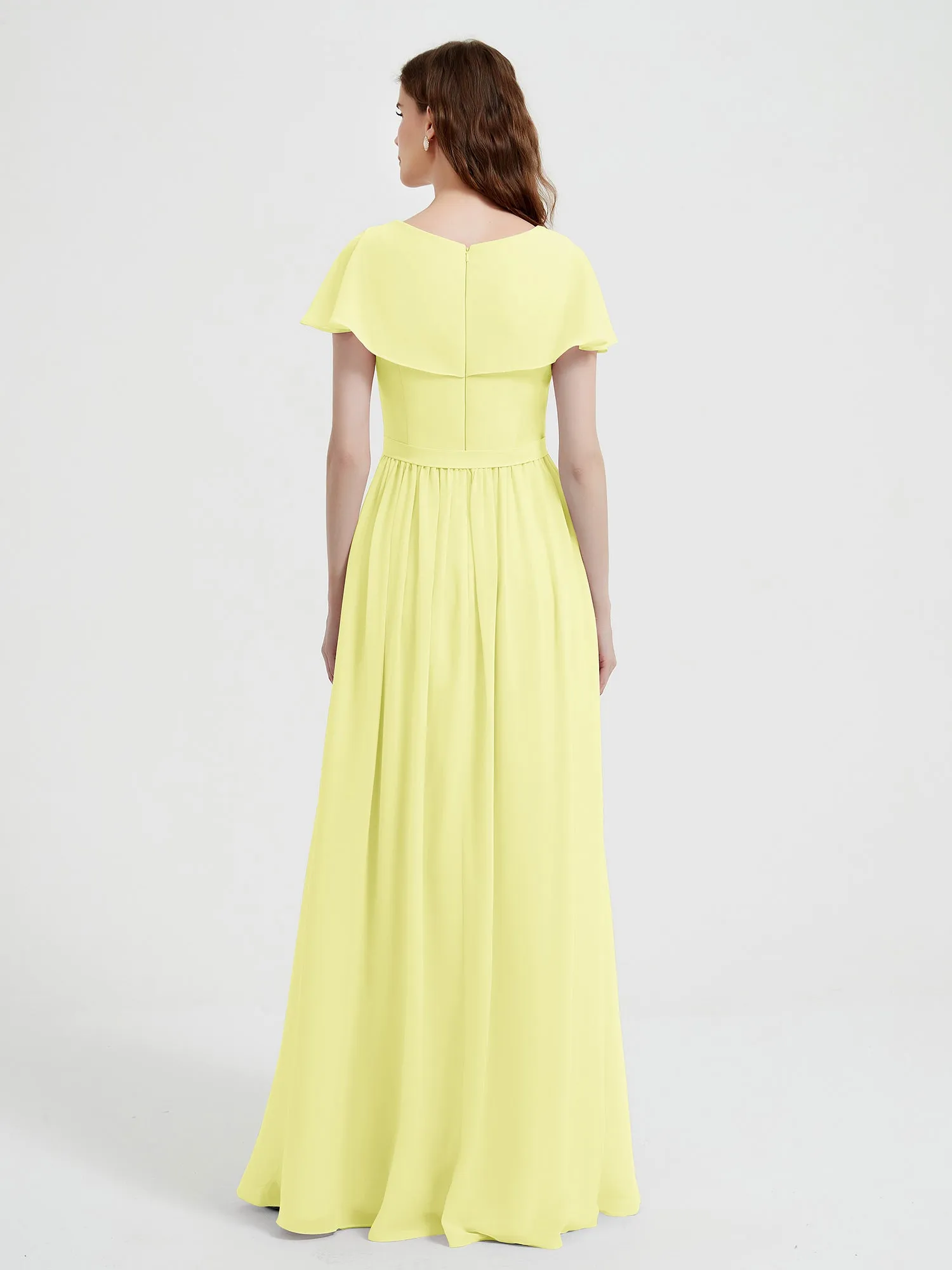 Cap Sleeves Long Chiffon Dresses with Slit-Daffodil Plus Size