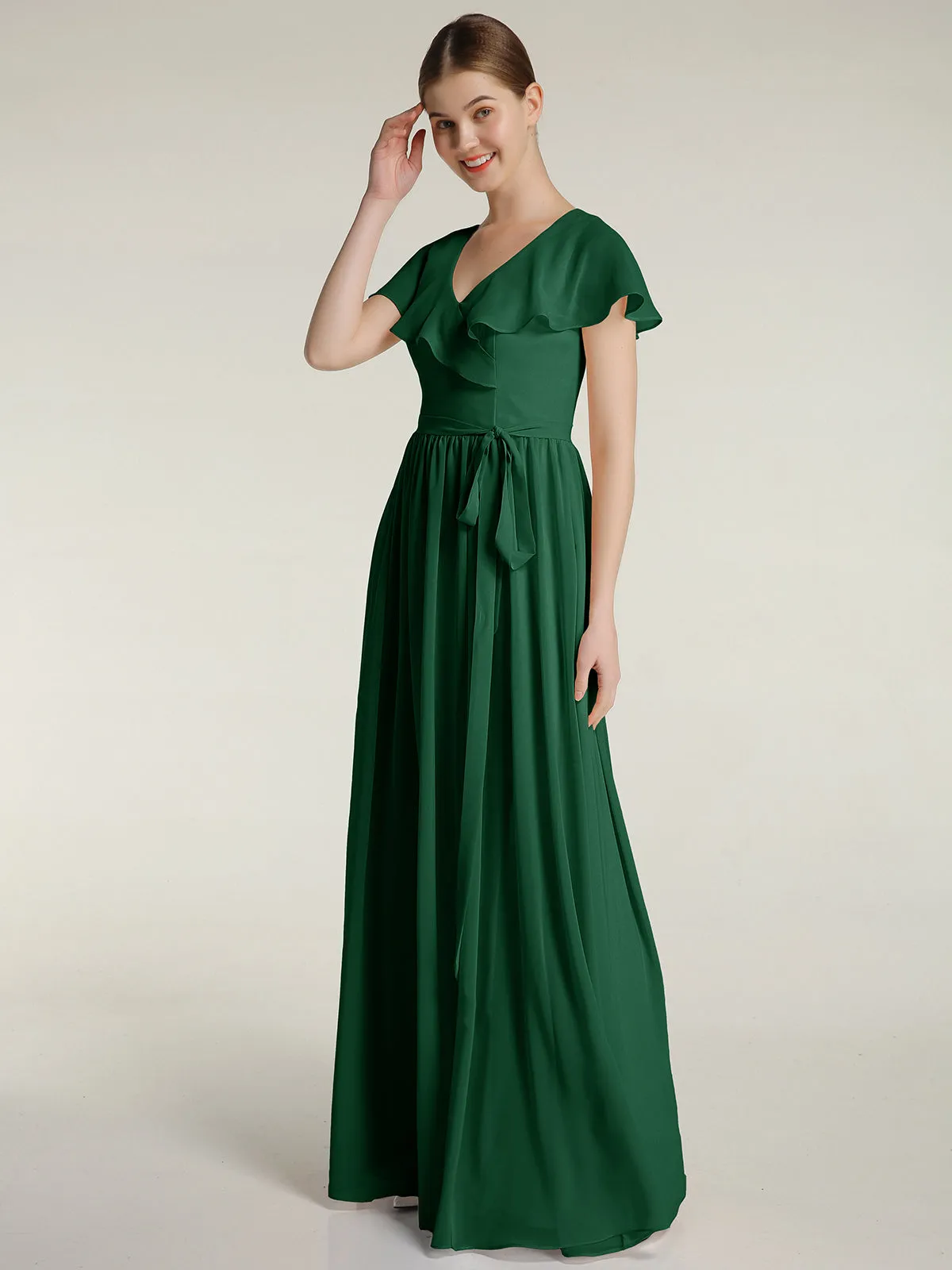 Cap Sleeves Long Chiffon Dresses with Slit-Dark Green Plus Size