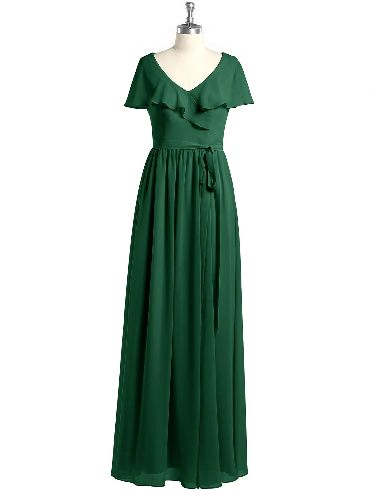 Cap Sleeves Long Chiffon Dresses with Slit-Dark Green Plus Size