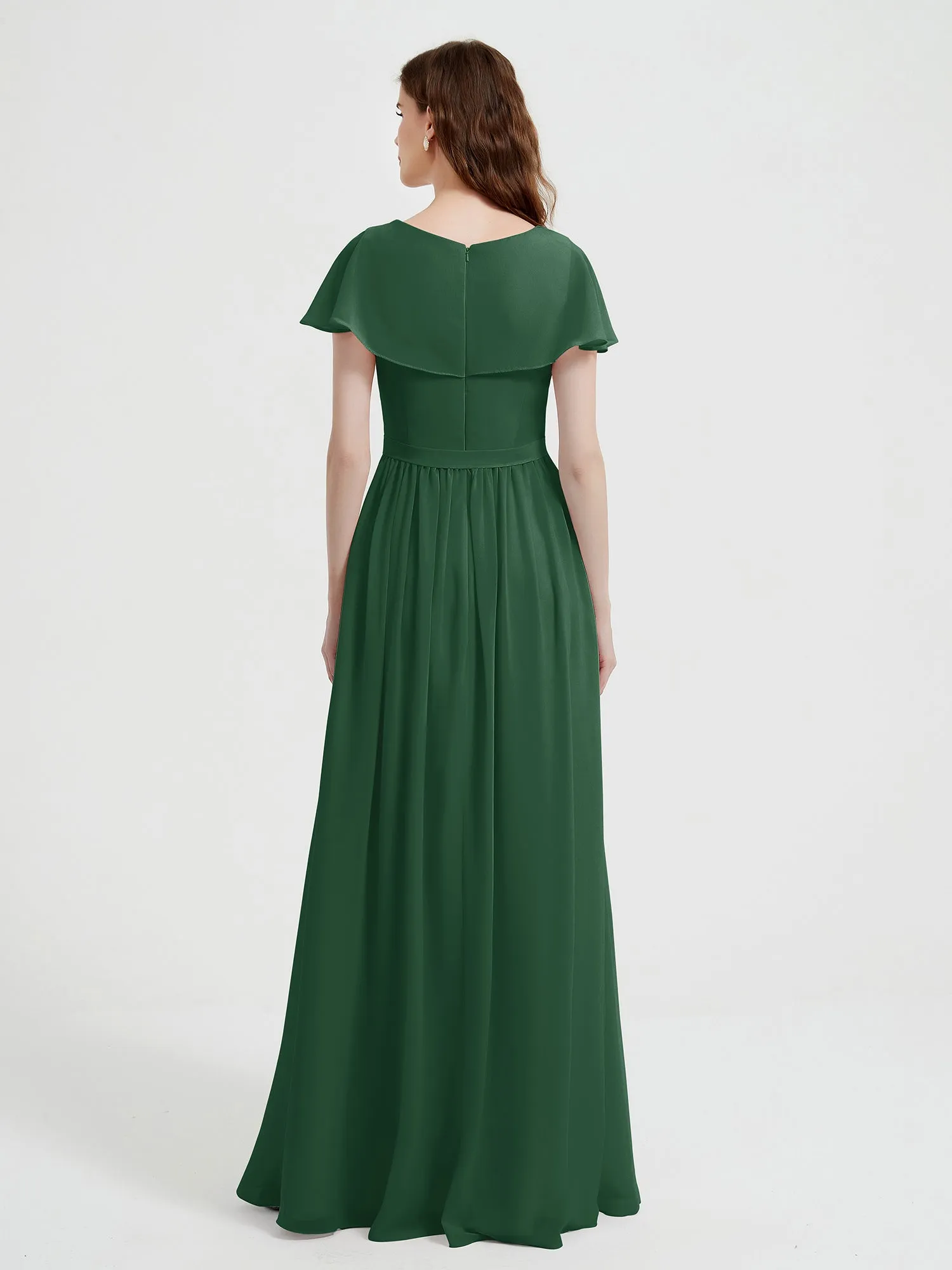 Cap Sleeves Long Chiffon Dresses with Slit-Dark Green Plus Size