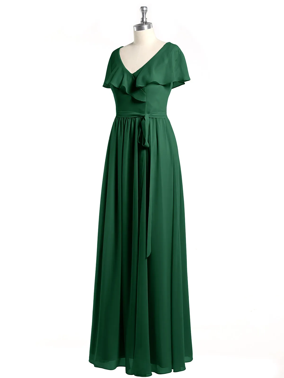 Cap Sleeves Long Chiffon Dresses with Slit-Dark Green Plus Size
