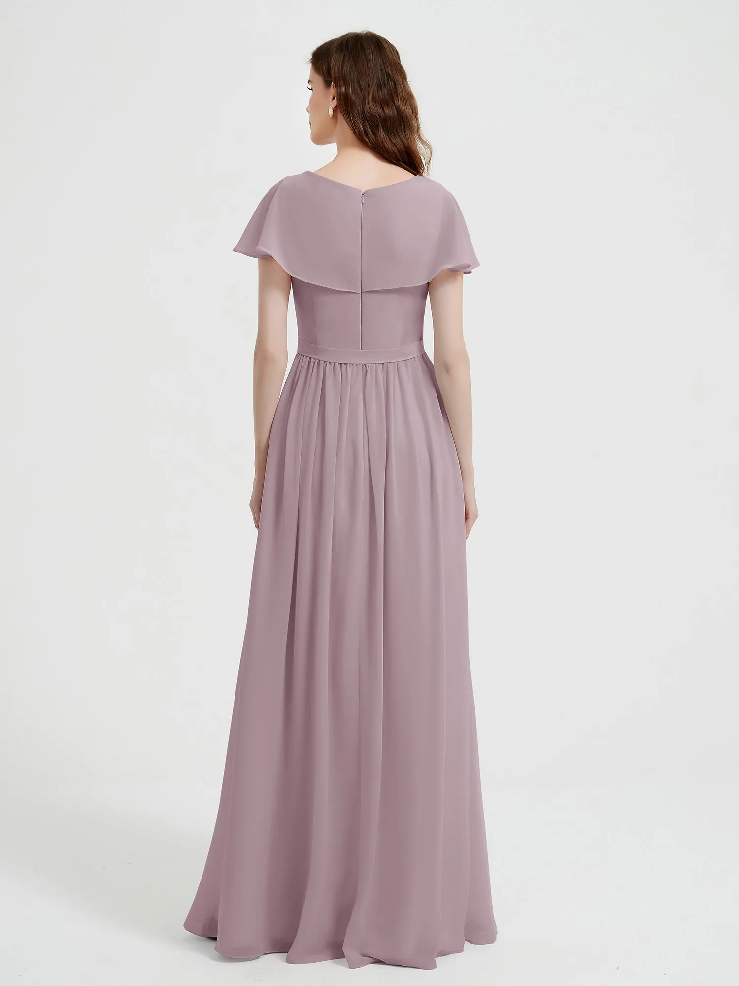 Cap Sleeves Long Chiffon Dresses with Slit-Dusk Plus Size