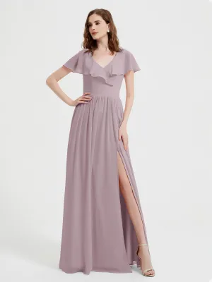 Cap Sleeves Long Chiffon Dresses with Slit-Dusk Plus Size