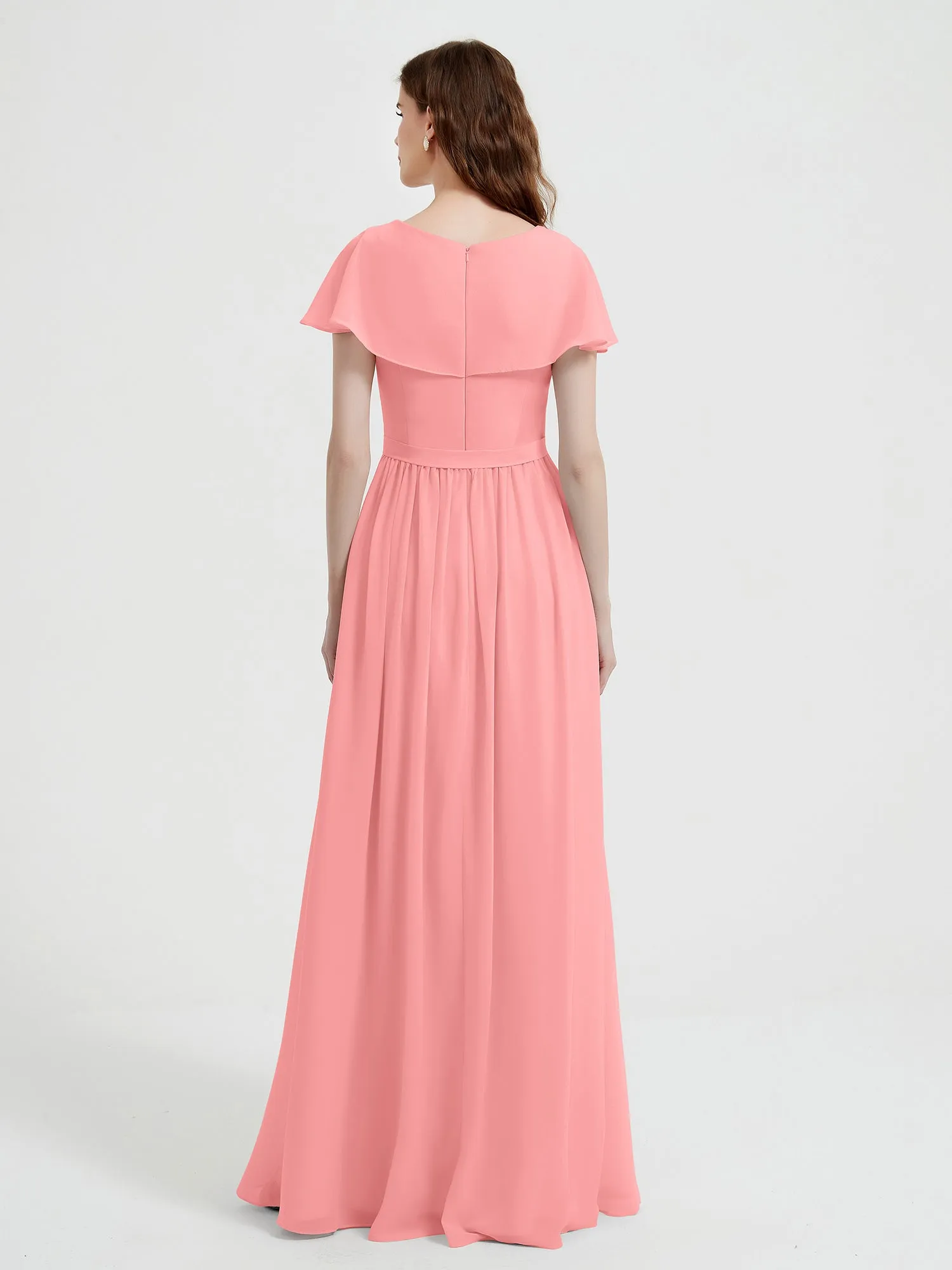 Cap Sleeves Long Chiffon Dresses with Slit-Flamingo