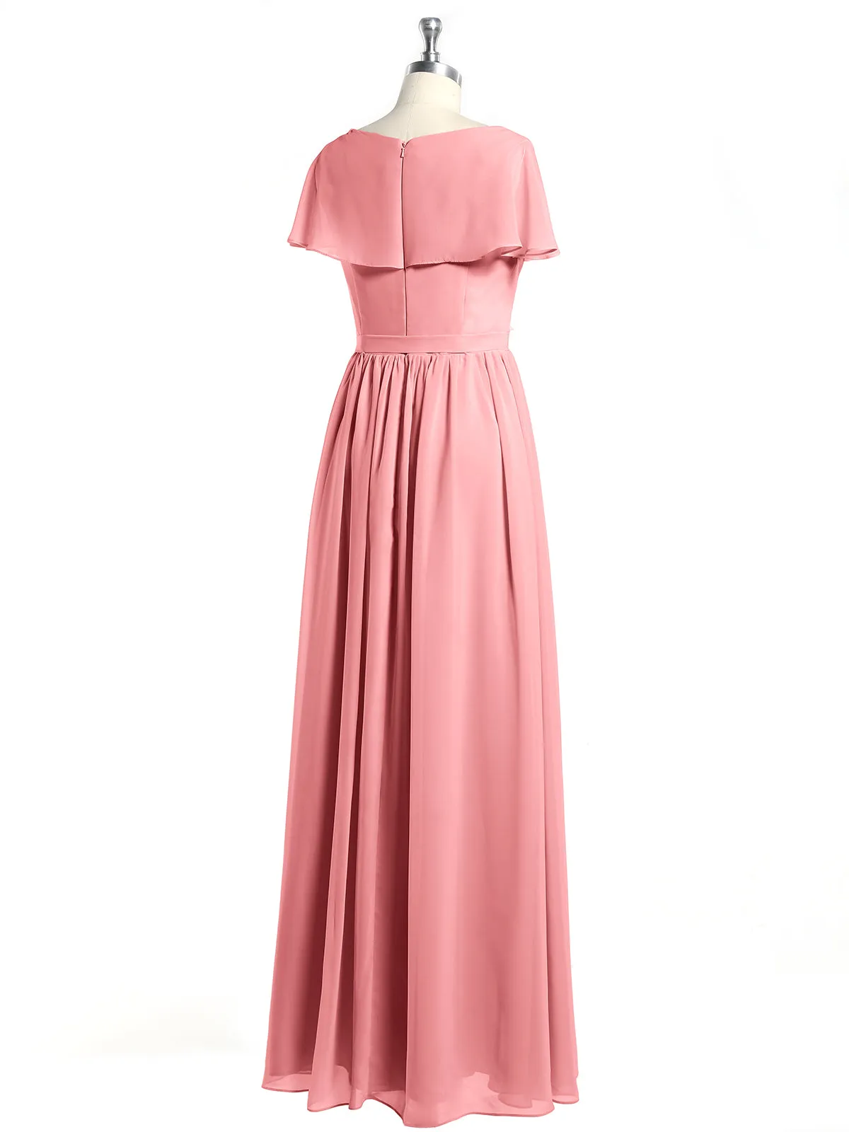 Cap Sleeves Long Chiffon Dresses with Slit-Flamingo