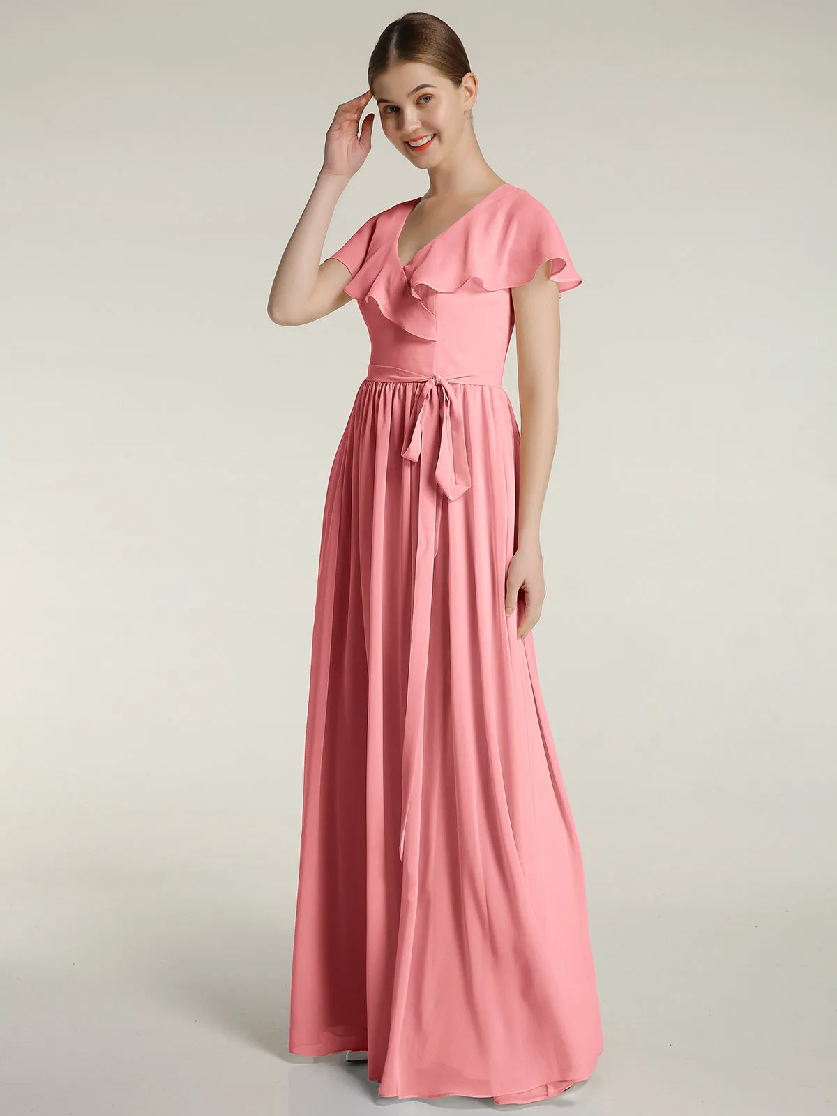 Cap Sleeves Long Chiffon Dresses with Slit-Flamingo