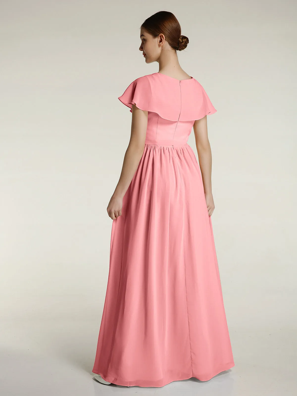 Cap Sleeves Long Chiffon Dresses with Slit-Flamingo