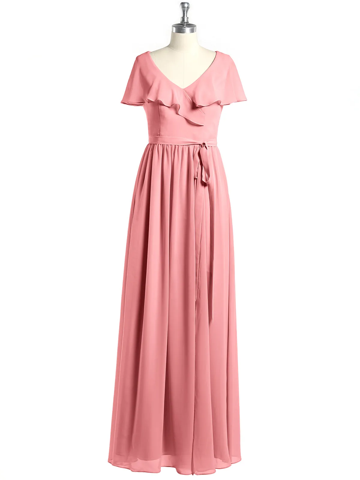 Cap Sleeves Long Chiffon Dresses with Slit-Flamingo