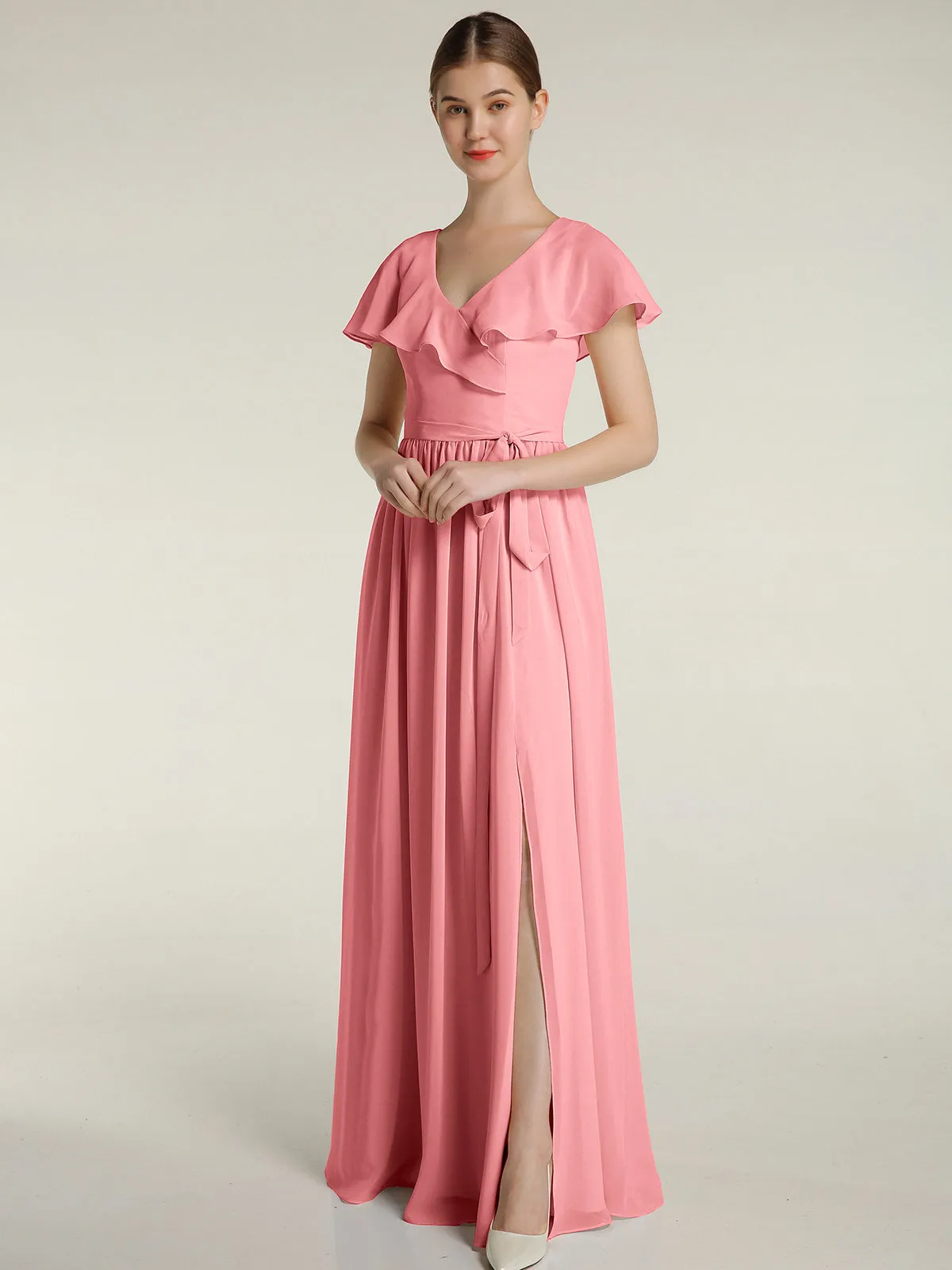 Cap Sleeves Long Chiffon Dresses with Slit-Flamingo